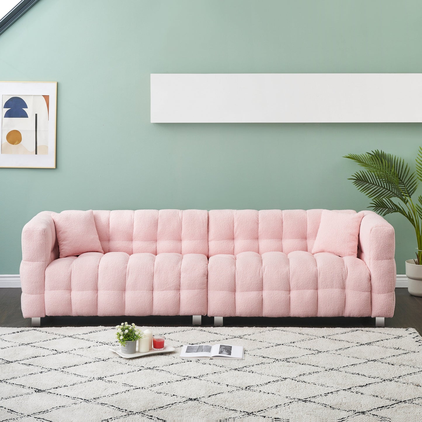 Divano Teddy Velvet da 102'' a 4 posti con gambe in metallo e cuscini decorativi, design moderno multidirezionale per il soggiorno