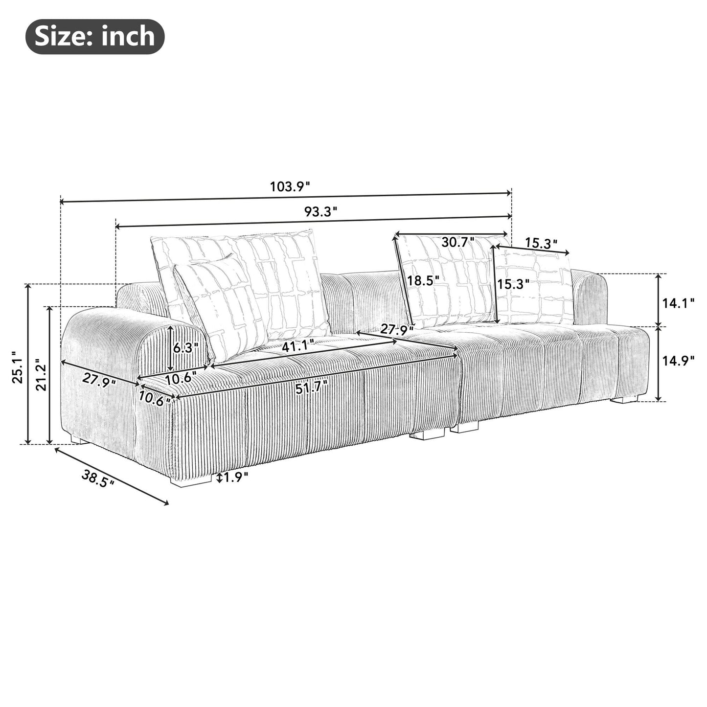 Comodo divano imbottito in velluto a coste con gambe in legno e cuscini - 38,50 x 103,90 x 25,10