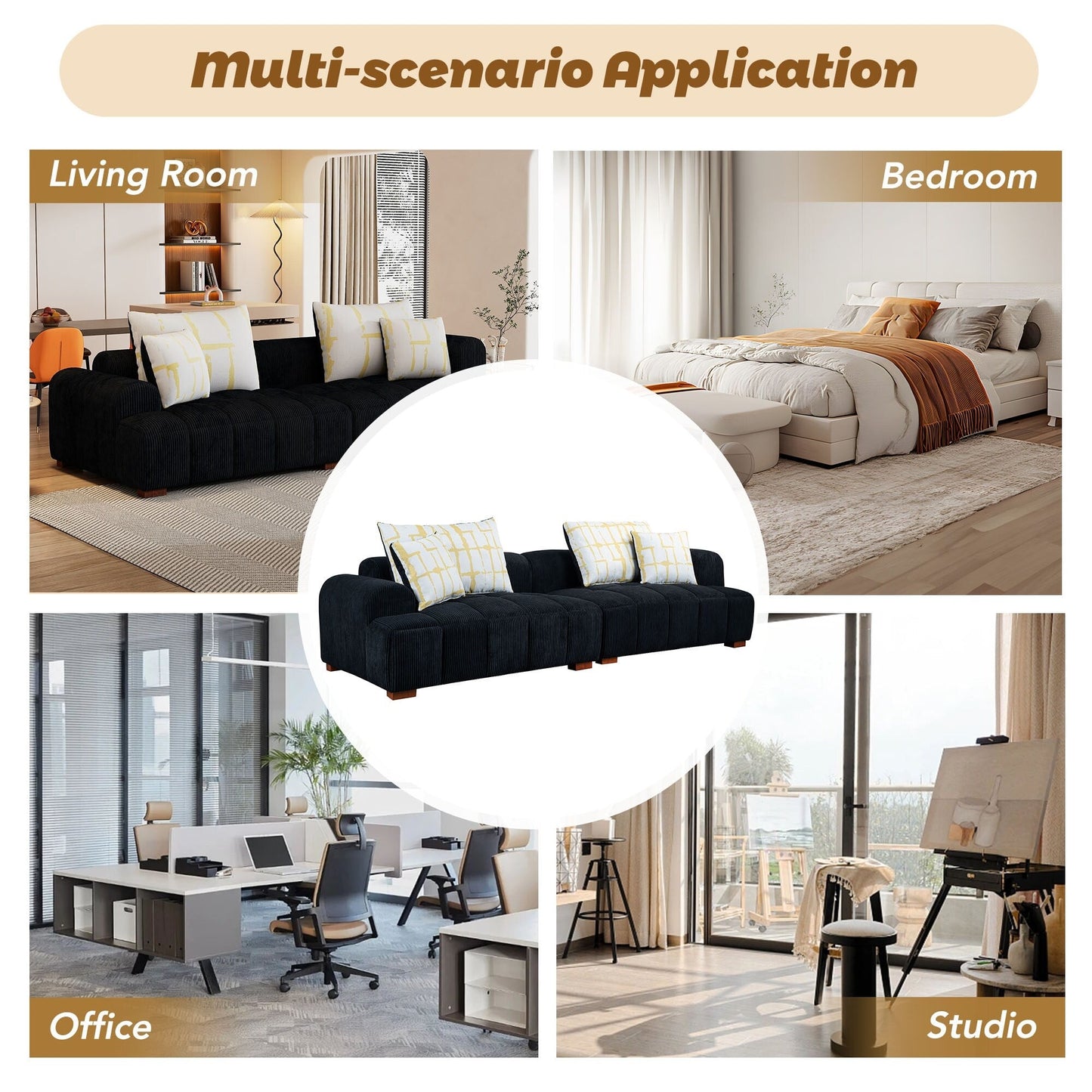 Comodo divano imbottito in velluto a coste con gambe in legno e cuscini - 38,50 x 103,90 x 25,10