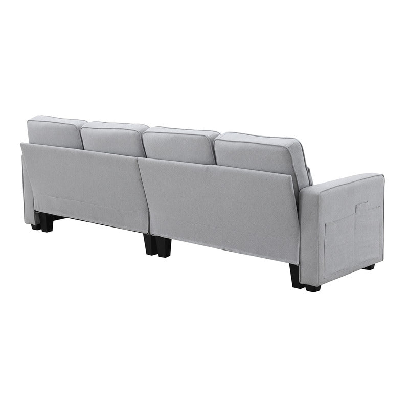 Divano imbottito 104 con tasche sui braccioli e 4 cuscini, divano moderno in tessuto di lino a 4 posti, divani in stile minimalista