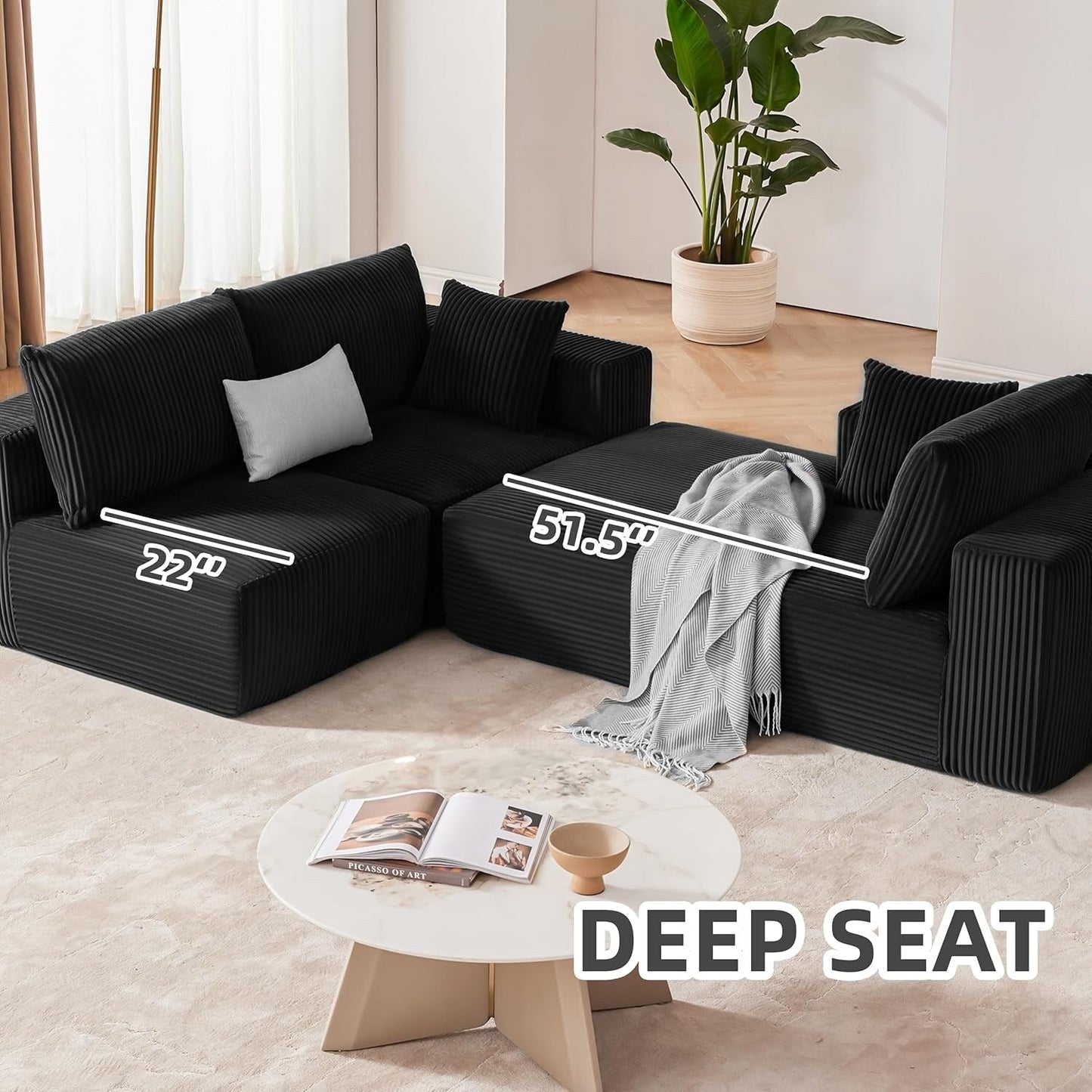 Divano componibile modulare 108 Cloud - Divano a L con seduta profonda e chaise longue, divano imbottito per soggiorno e camera da letto
