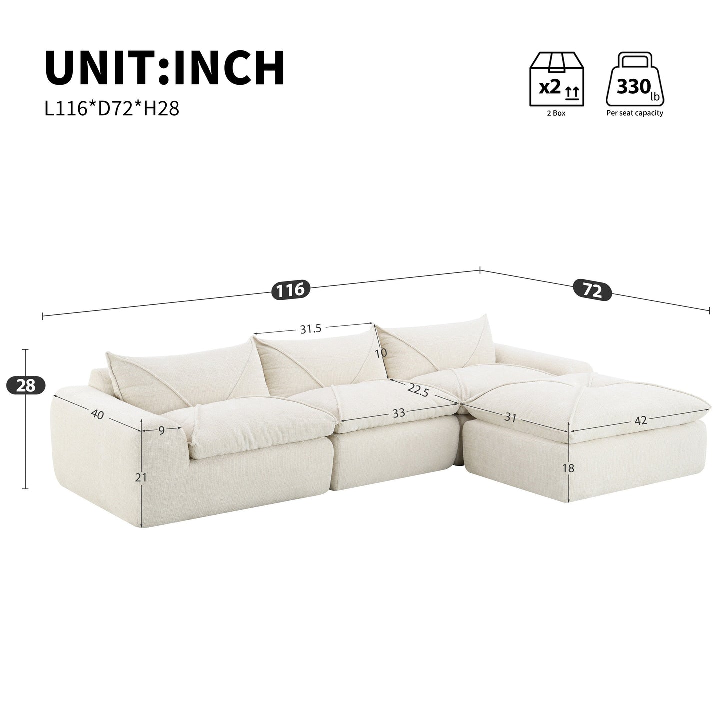 Divano completamente compresso da 116'' con schiuma ad alta densità, nessun assemblaggio richiesto, design senza gambe e senza struttura