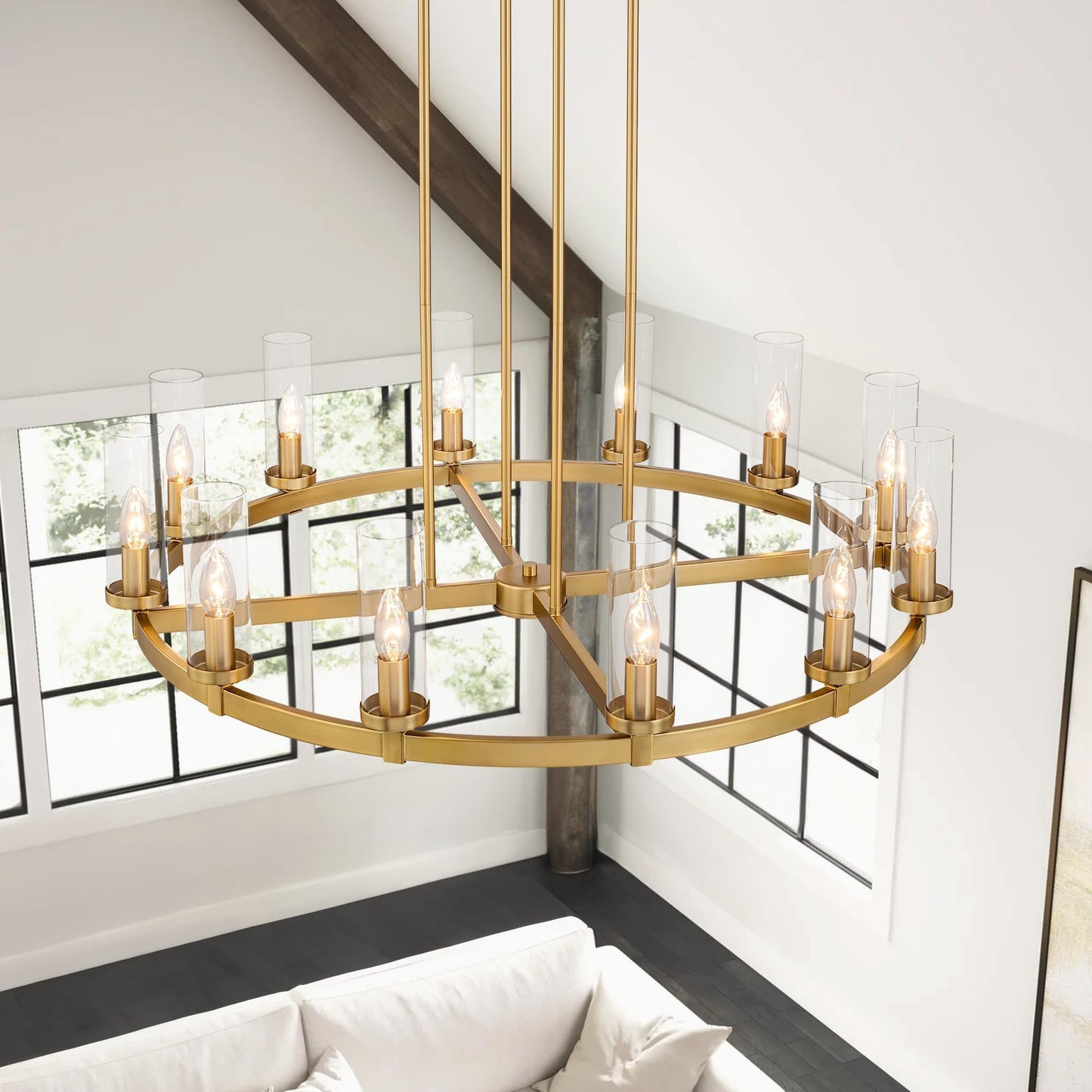 Lampadario a ruota di carro in vetro trasparente con cilindro in stile Mid-Century Modern, 12 luci, grande lampadario in oro/nero