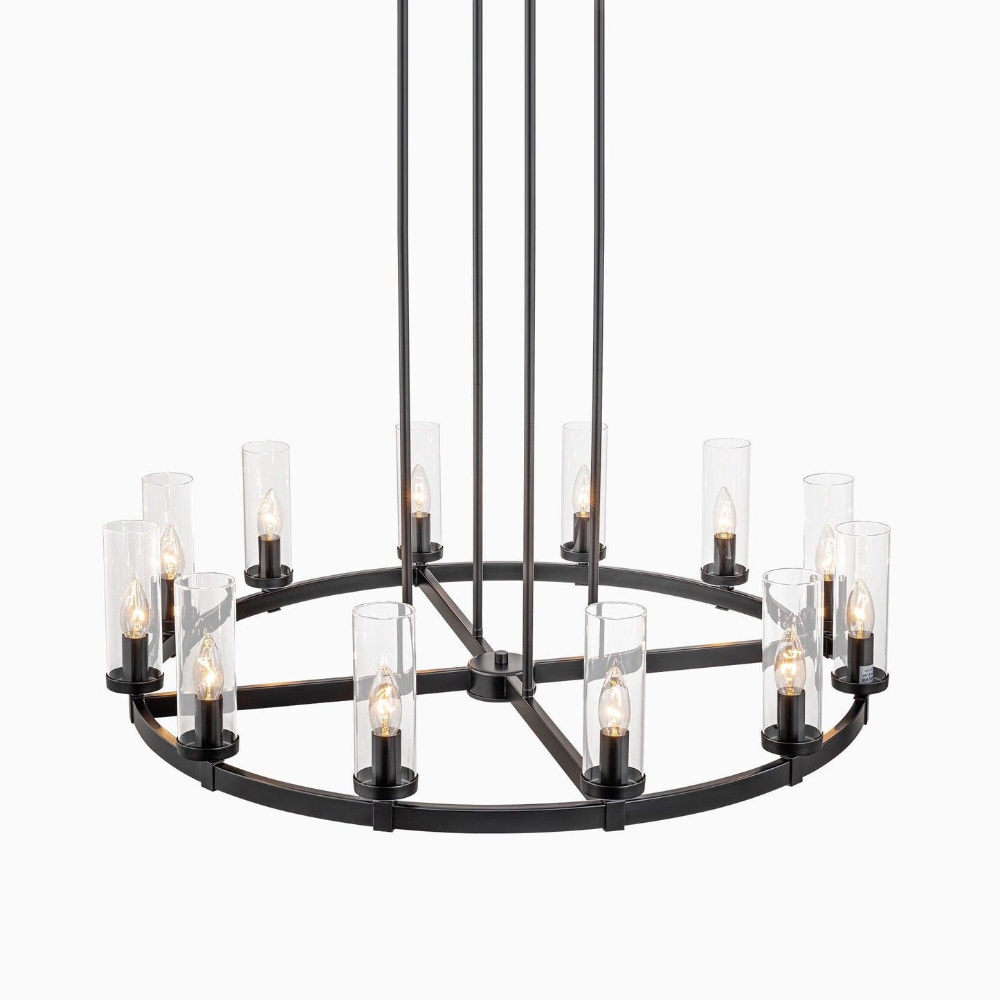 Lampadario a ruota di carro in vetro trasparente con cilindro in stile Mid-Century Modern, 12 luci, grande lampadario in oro/nero