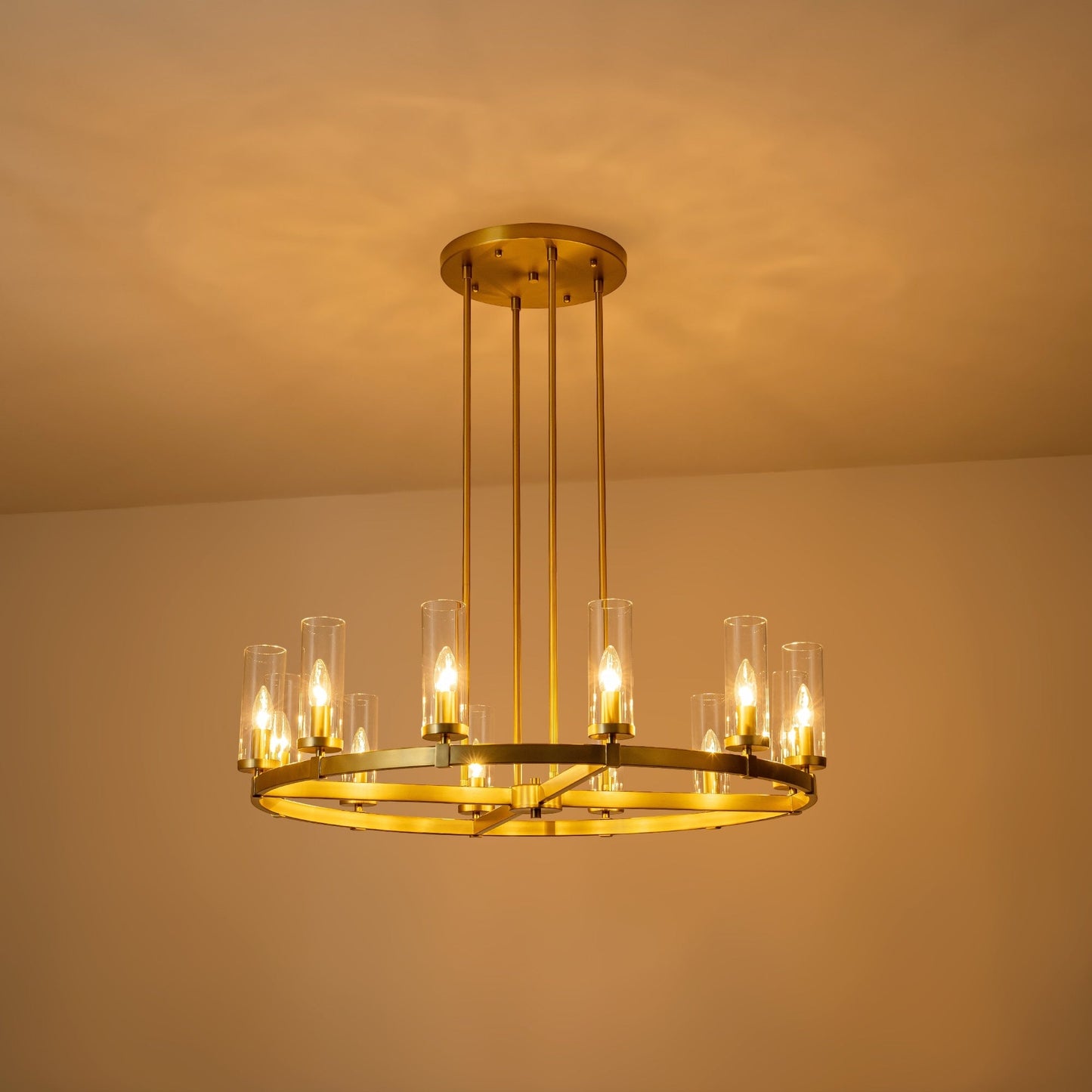 Lampadario a ruota di carro in vetro trasparente con cilindro in stile Mid-Century Modern, 12 luci, grande lampadario in oro/nero