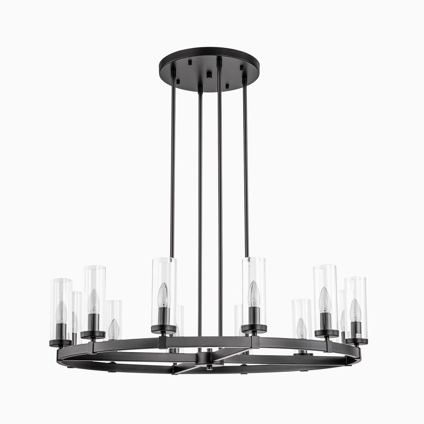 Lampadario a ruota di carro in vetro trasparente con cilindro in stile Mid-Century Modern, 12 luci, grande lampadario in oro/nero