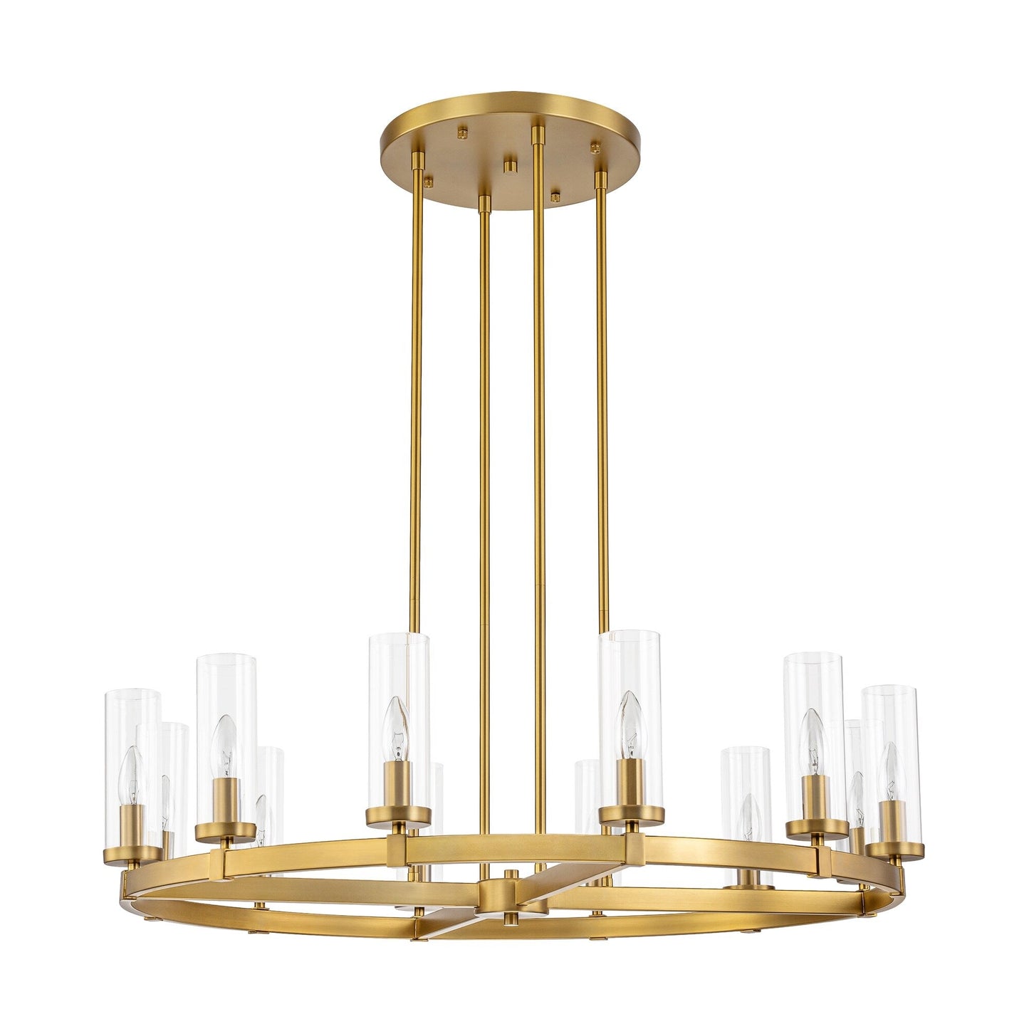 Lampadario a ruota di carro in vetro trasparente con cilindro in stile Mid-Century Modern, 12 luci, grande lampadario in oro/nero