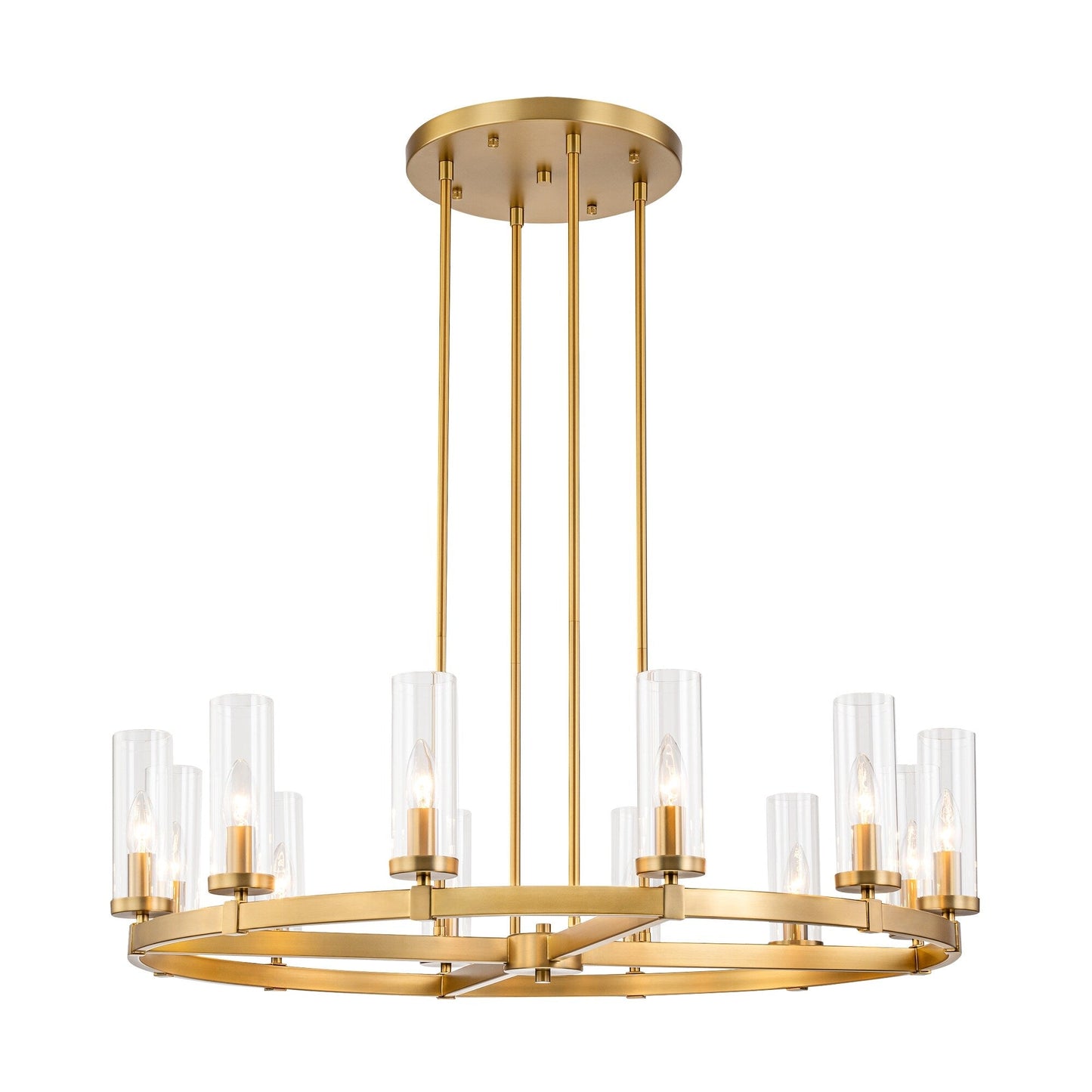 Lampadario a ruota di carro in vetro trasparente con cilindro in stile Mid-Century Modern, 12 luci, grande lampadario in oro/nero