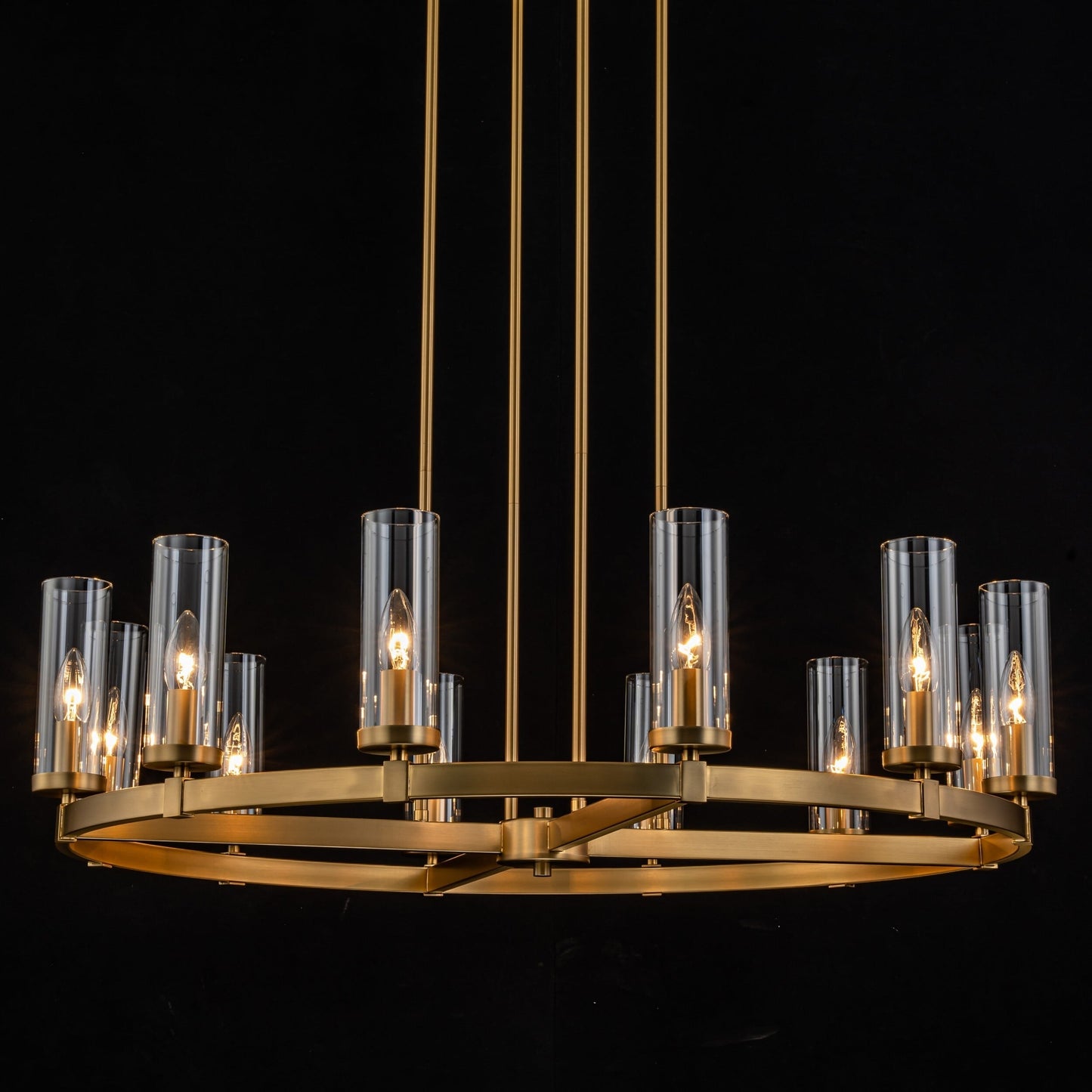 Lampadario a ruota di carro in vetro trasparente con cilindro in stile Mid-Century Modern, 12 luci, grande lampadario in oro/nero