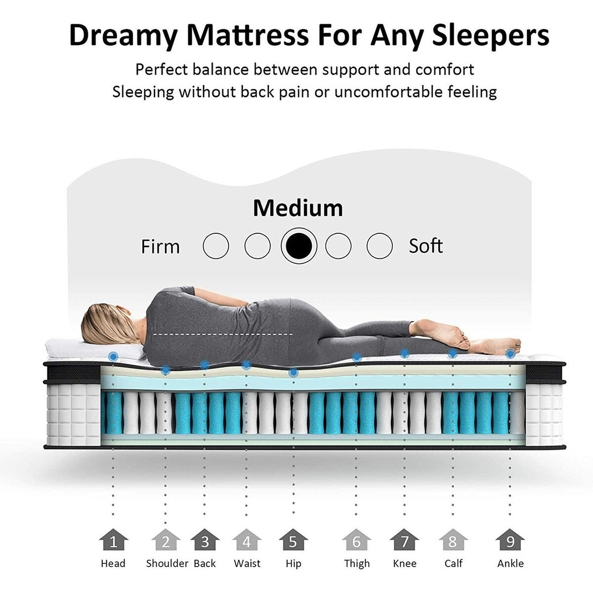 Materasso matrimoniale XL con memory foam ibrido in gel di medie dimensioni da 12 pollici e molle insacchettate