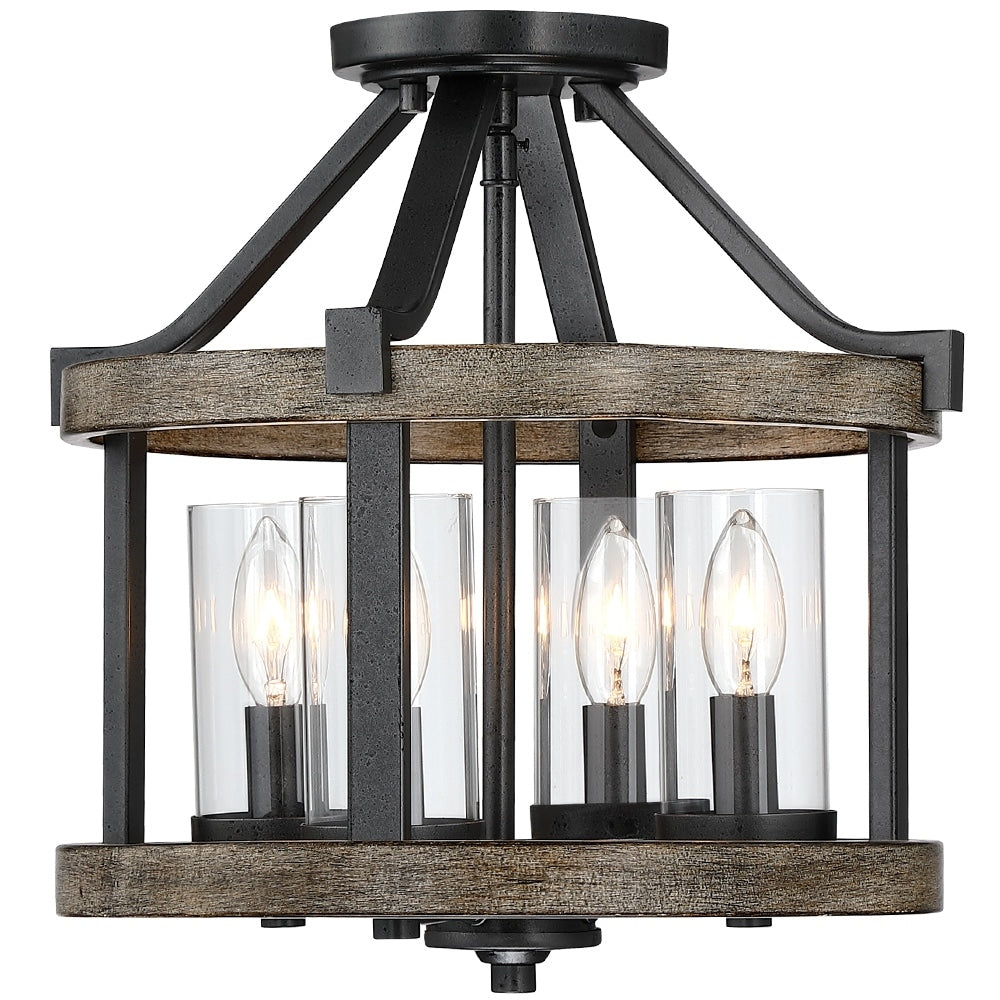 Lampada da soffitto semi-incassata moderna in ferro naturale e finto legno anticato da 12,5 pollici, 4 luci - 12,5 W