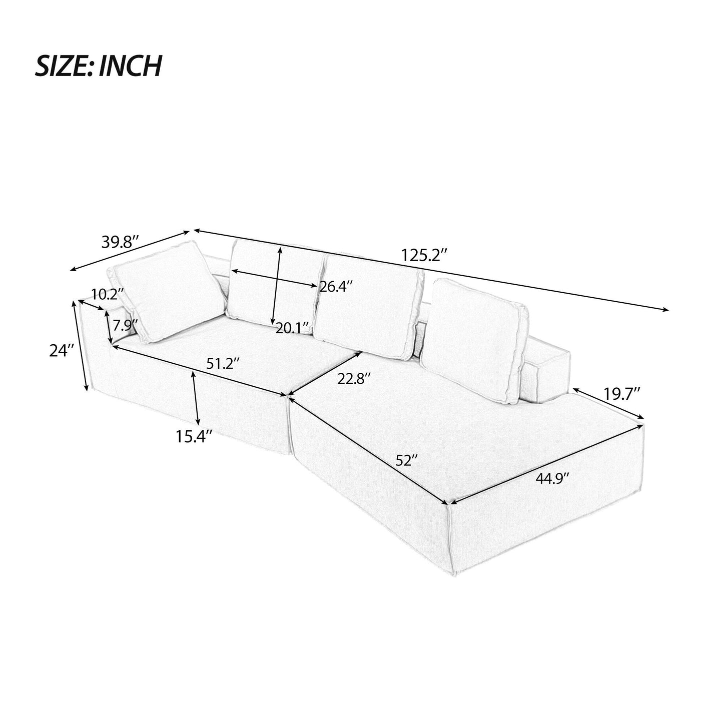 125 Elegante divano letto moderno per interni con chaise longue, dalle linee pulite, per soggiorno, beige