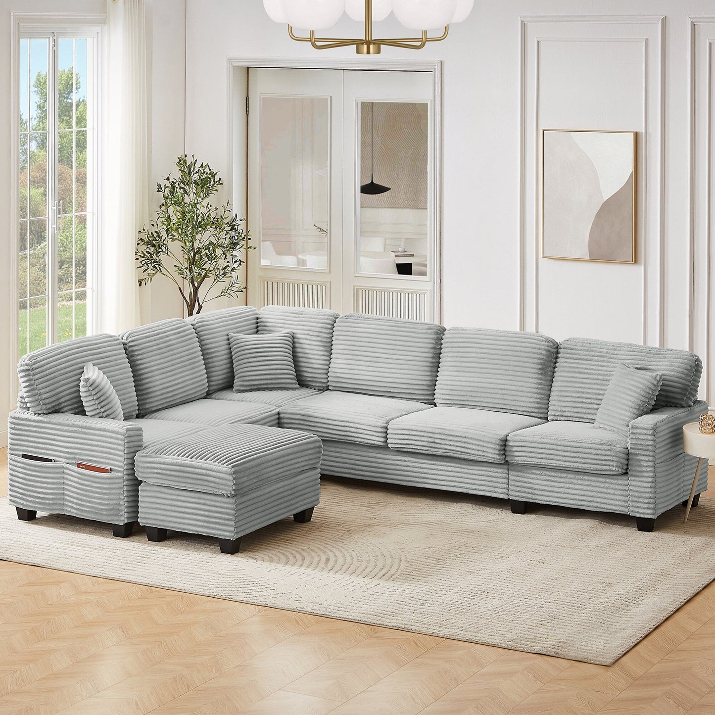 Divano componibile a U in velluto a coste da 125'' con pouf mobile