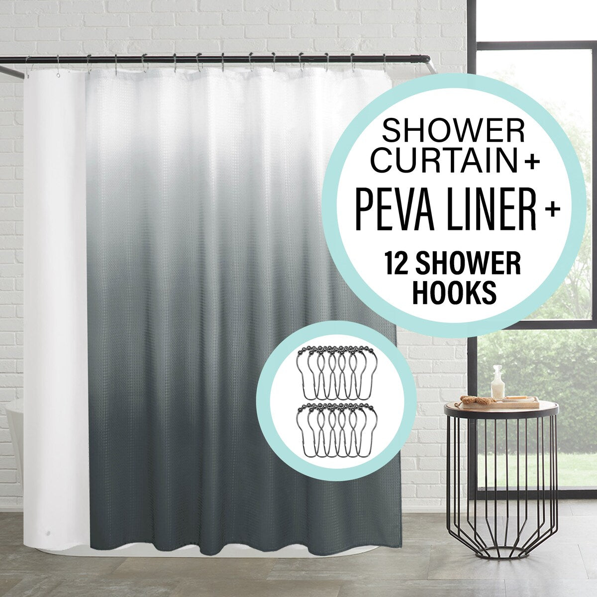 Set da bagno/doccia da 14 pezzi - Tenda da doccia sfumata, ganci e rivestimento in PEVA