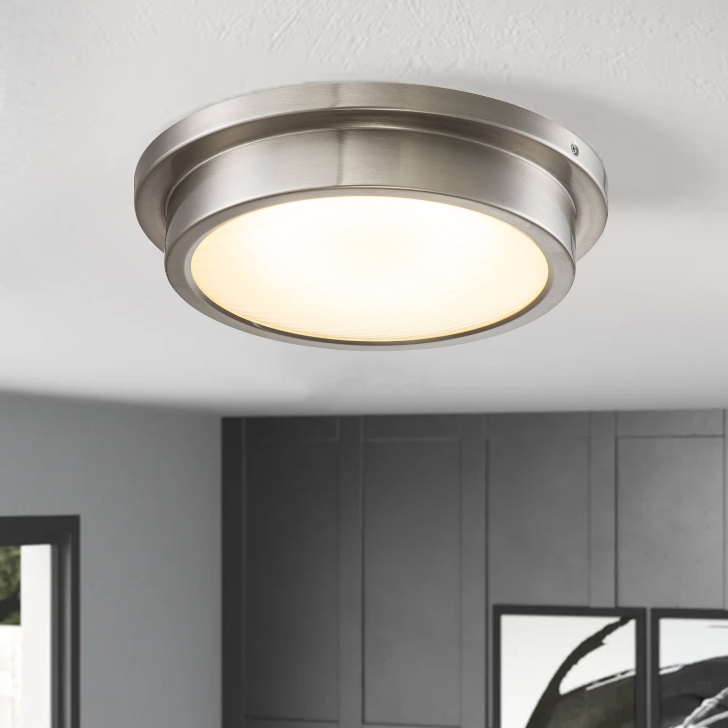 Lampada da incasso a LED da 14 pollici, nichel spazzolato, 30 W, 3000 K, con paralume in vetro a strisce - nichel spazzolato