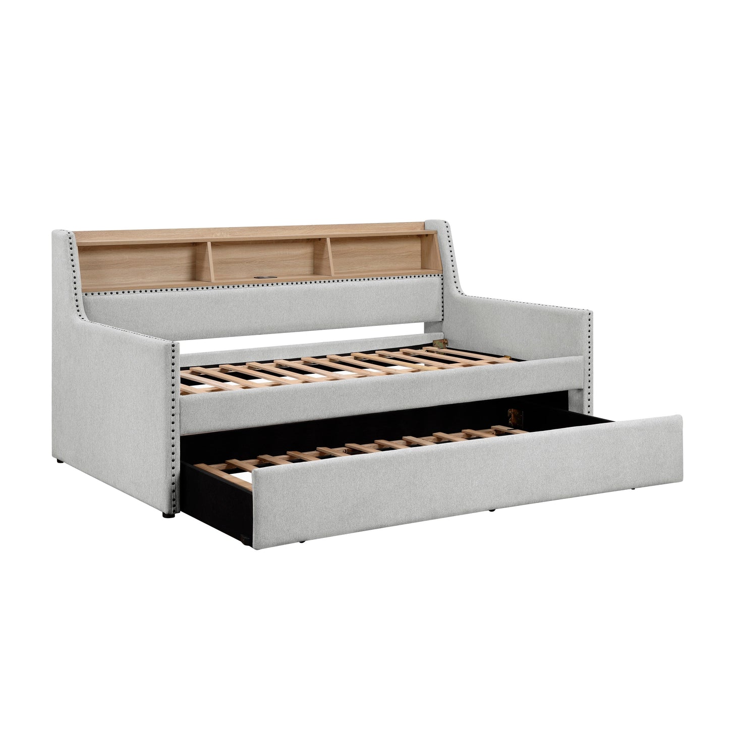 Divano letto grigio chiaro con libreria estraibile, pannello laterale, porte di ricarica, finiture con borchie, mobili dal design moderno
