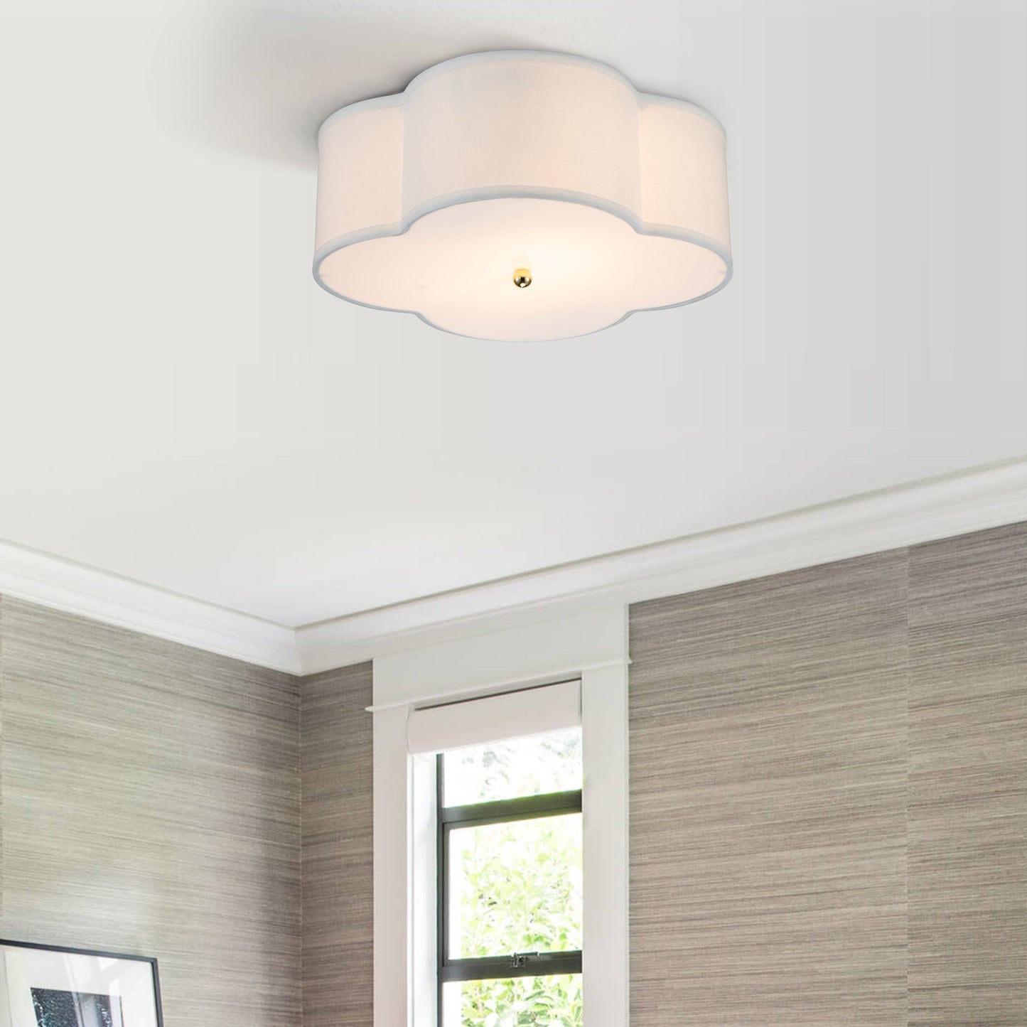 Lampada da soffitto a 2 luci in lino bianco con diffusore in acrilico