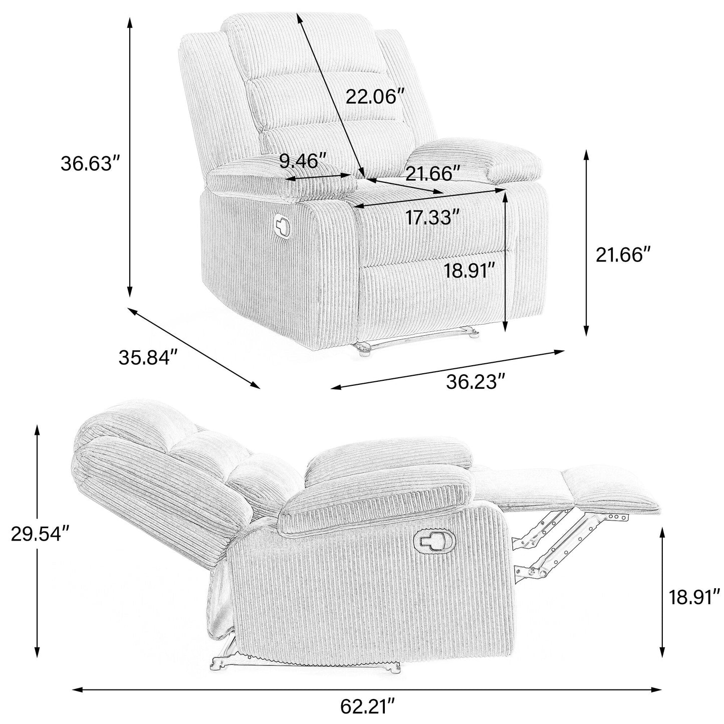 Set da 2 poltrone reclinabili manuali moderne in velluto a coste, poltrone reclinabili oversize con braccioli larghi
