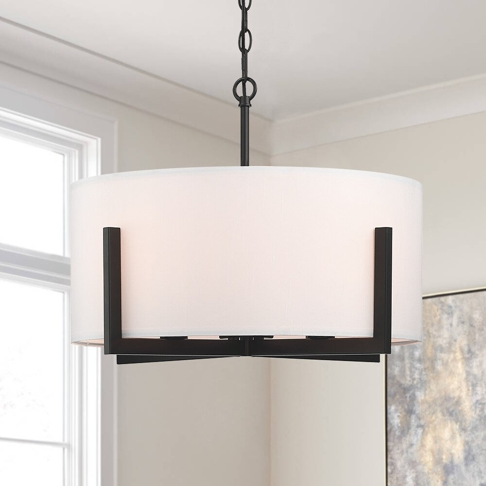Lampadario a sospensione nero opaco da 22 pollici a 4 luci con paralume a tamburo bianco - 22 W