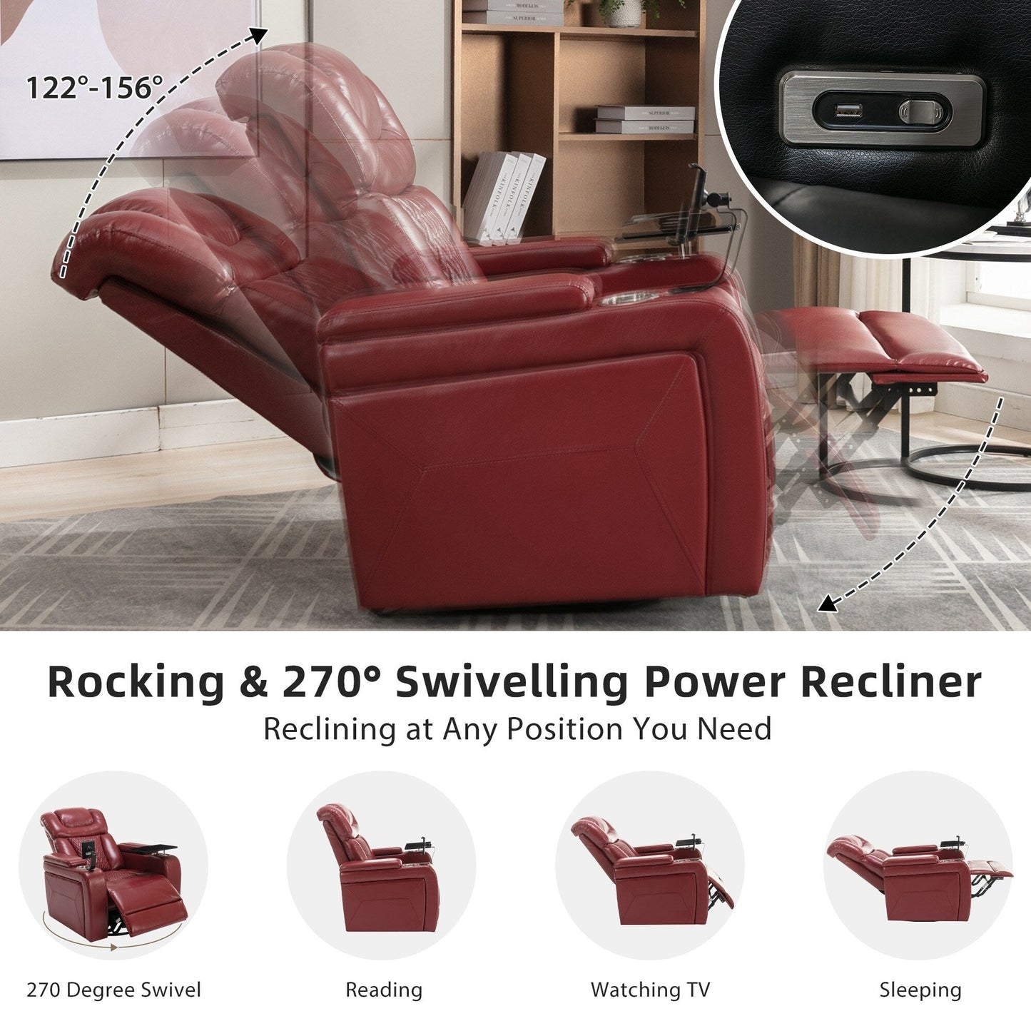 Poltrona reclinabile elettrica girevole a 270 gradi in pelle PU, con sedile singolo, per home theater, con comodo schienale e tavolino.