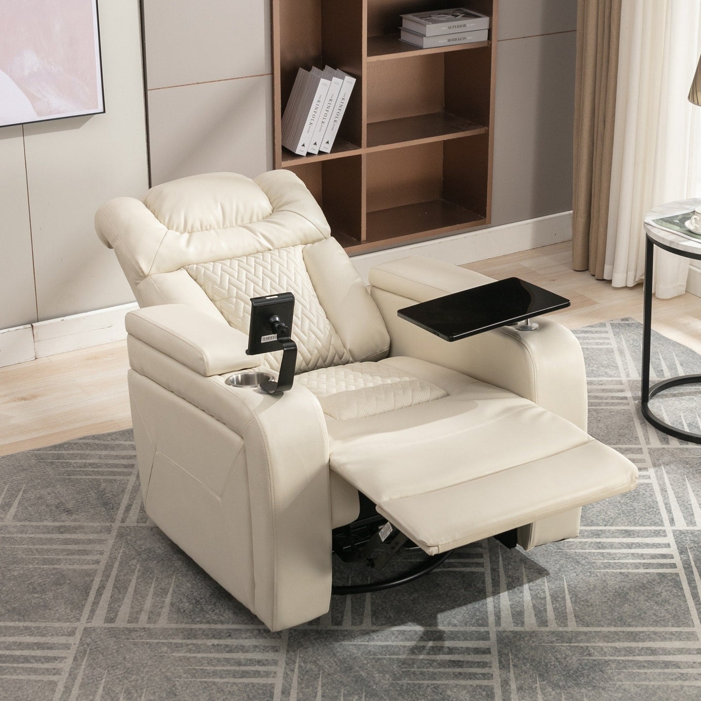 Poltrona reclinabile elettrica girevole a 270 gradi in pelle PU, con sedile singolo, per home theater, con comodo schienale e tavolino.