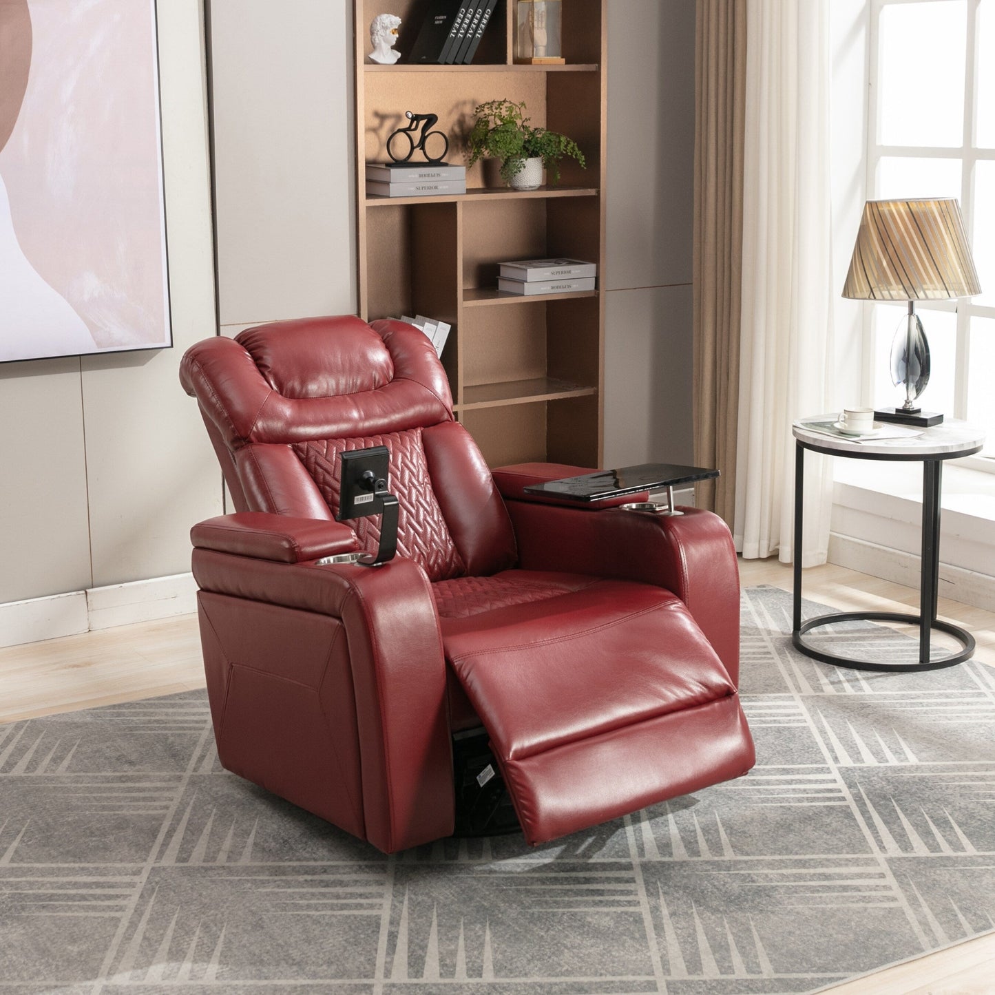 Poltrona reclinabile elettrica girevole a 270 gradi in pelle PU, con sedile singolo, per home theater, con comodo schienale e tavolino.