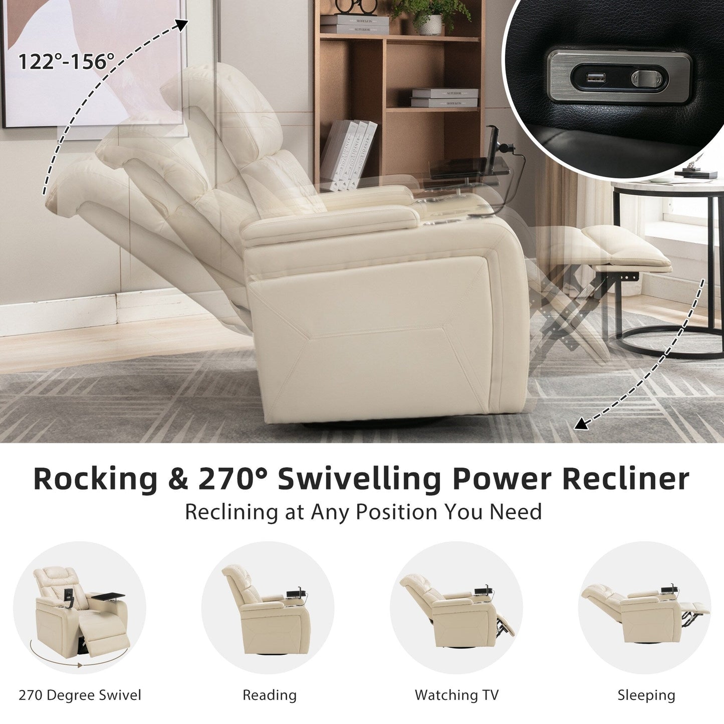 Poltrona reclinabile elettrica girevole a 270 gradi in pelle PU, con sedile singolo, per home theater, con comodo schienale e tavolino.