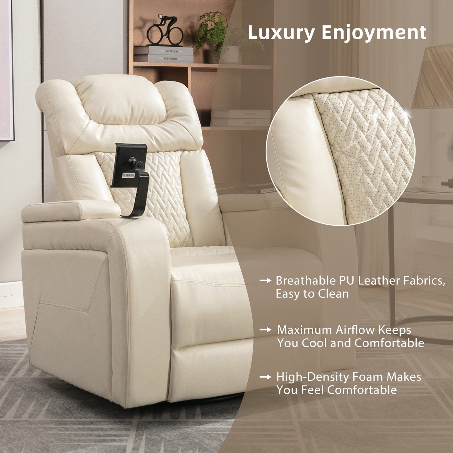 Poltrona reclinabile elettrica girevole a 270 gradi in pelle PU, con sedile singolo, per home theater, con comodo schienale e tavolino.