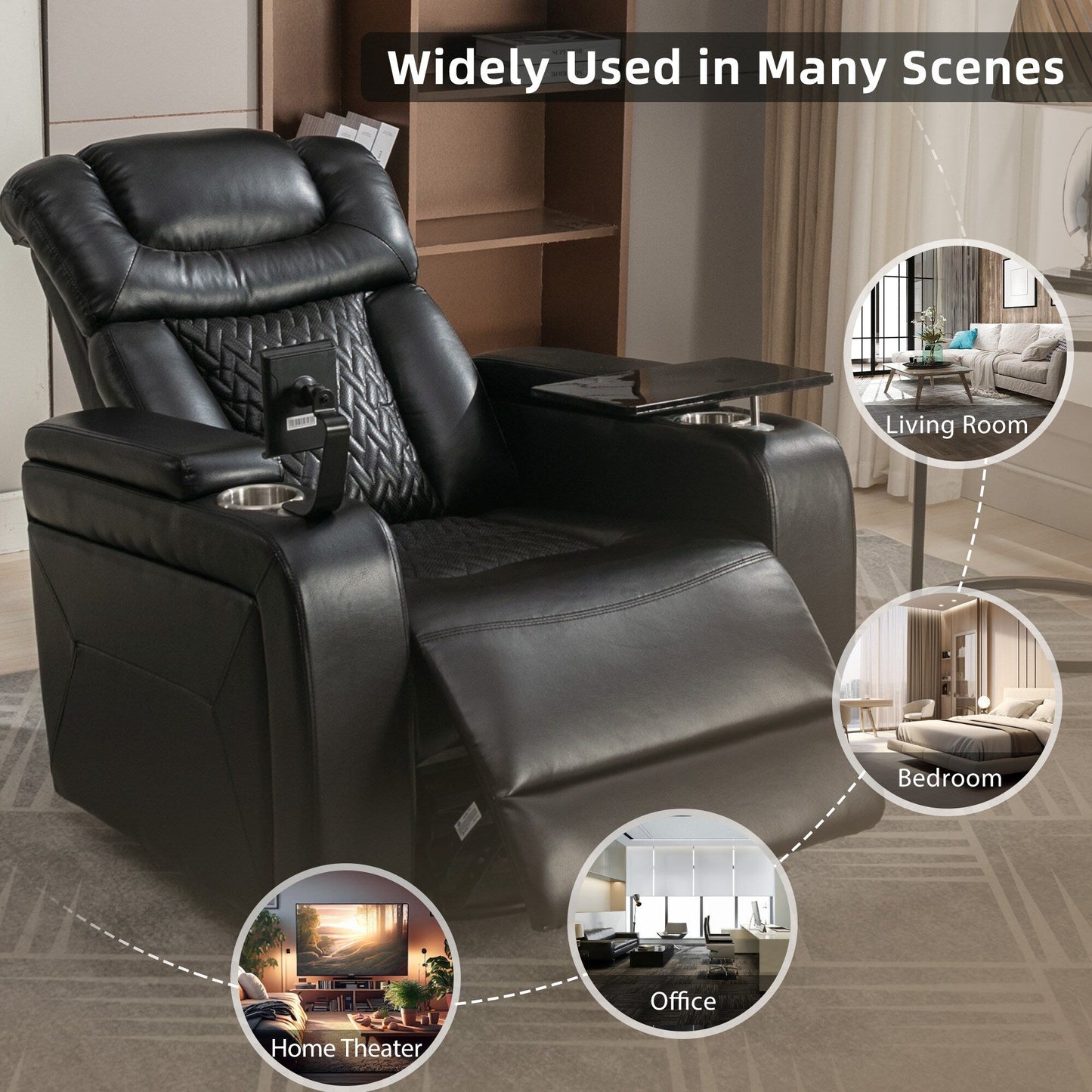 Poltrona reclinabile elettrica girevole a 270 gradi in pelle PU, con sedile singolo, per home theater, con comodo schienale e tavolino.