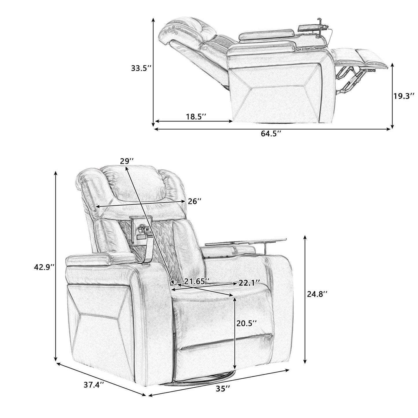 Poltrona reclinabile elettrica girevole a 270 gradi in pelle PU, con sedile singolo, per home theater, con comodo schienale e tavolino.