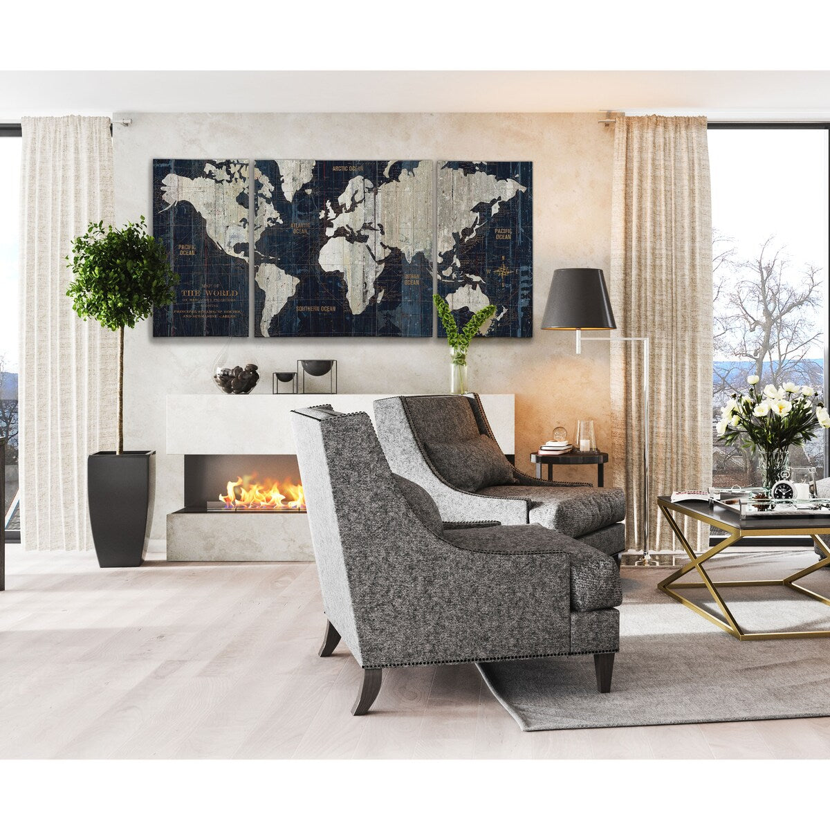 Set di stampe artistiche grafiche su tela avvolta in 3 pezzi "Old World Map Blue"