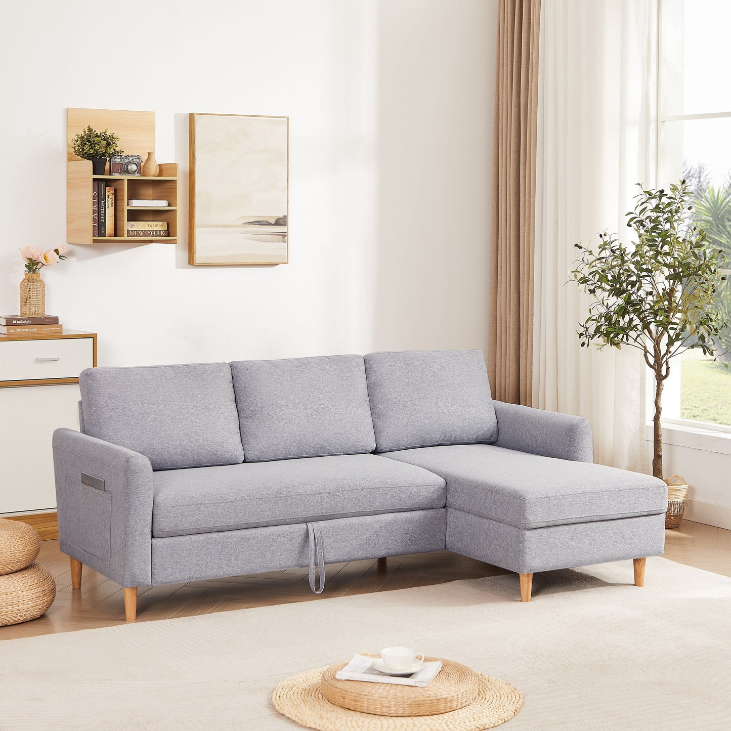 Divano letto regolabile in tessuto da 28,35'' a 3 posti con chaise longue, letto estraibile e tasche portaoggetti sui braccioli
