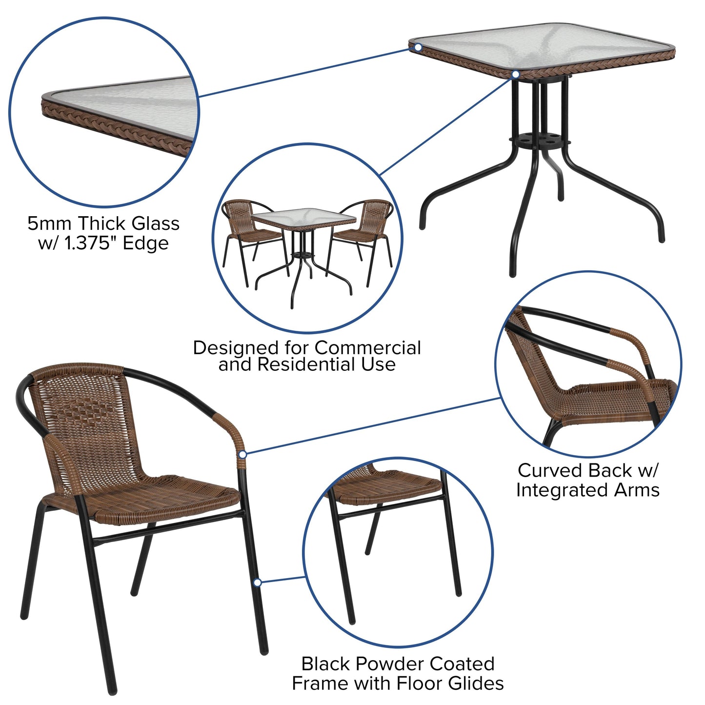 Set da pranzo da giardino in metallo/rattan da 3 pezzi con tavolo quadrato da 28 pollici - 28L x 28P x 28A