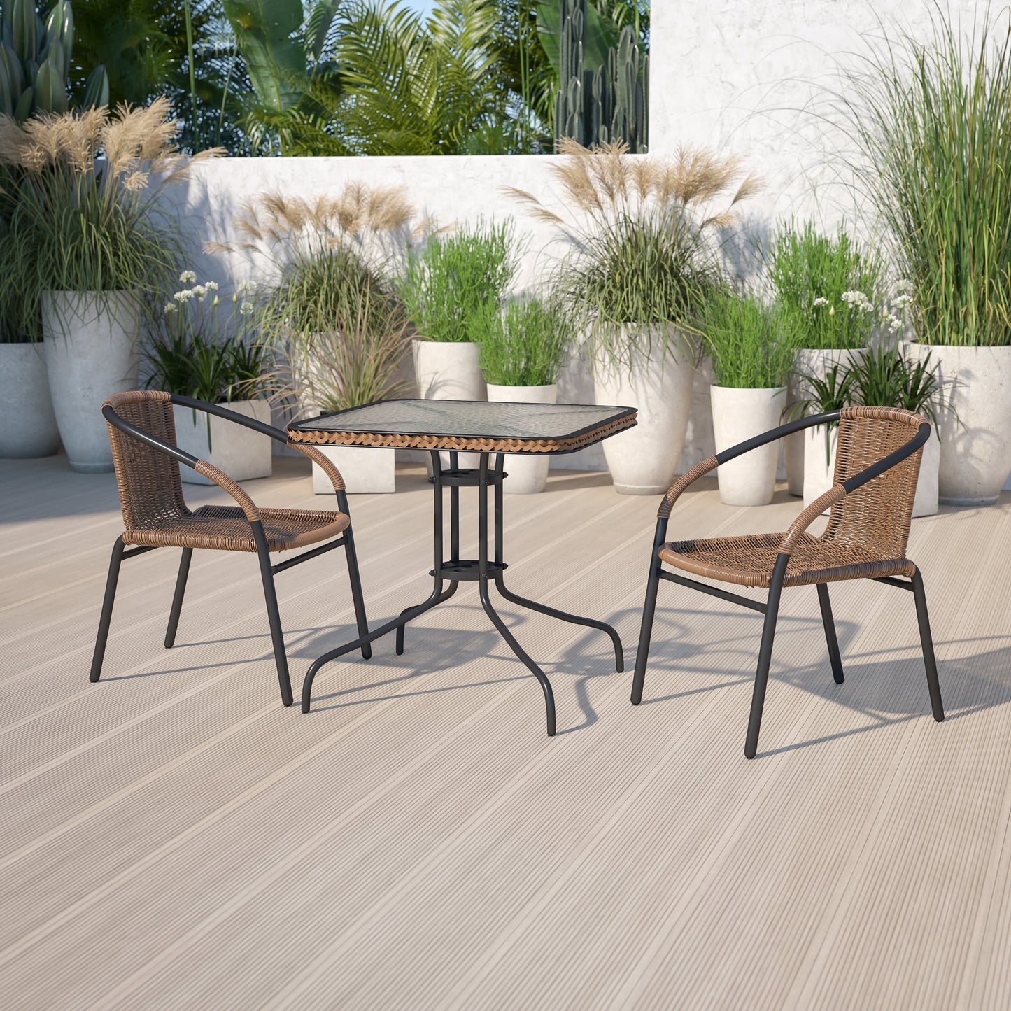 Set da pranzo da giardino in metallo/rattan da 3 pezzi con tavolo quadrato da 28 pollici - 28L x 28P x 28A