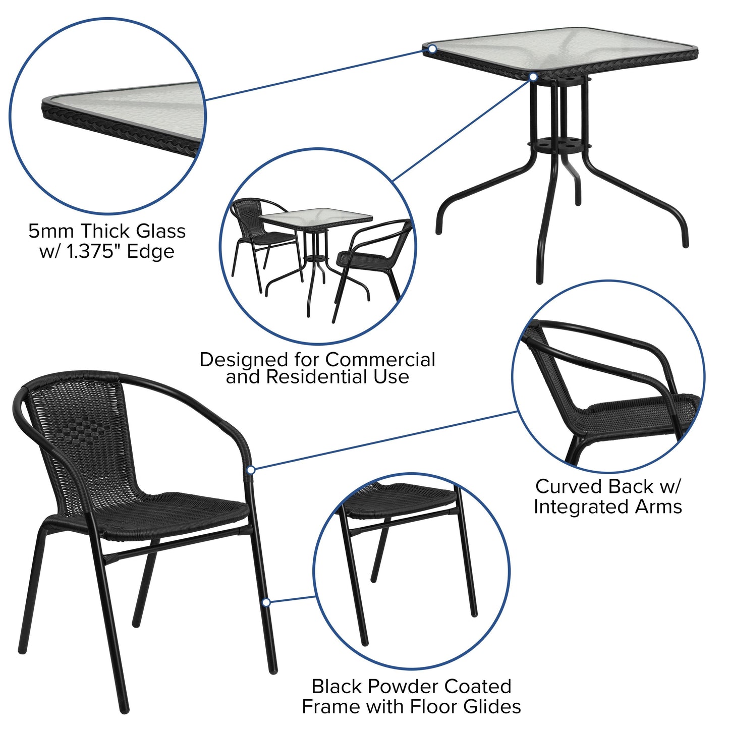 Set da pranzo da giardino in metallo/rattan da 3 pezzi con tavolo quadrato da 28 pollici - 28L x 28P x 28A