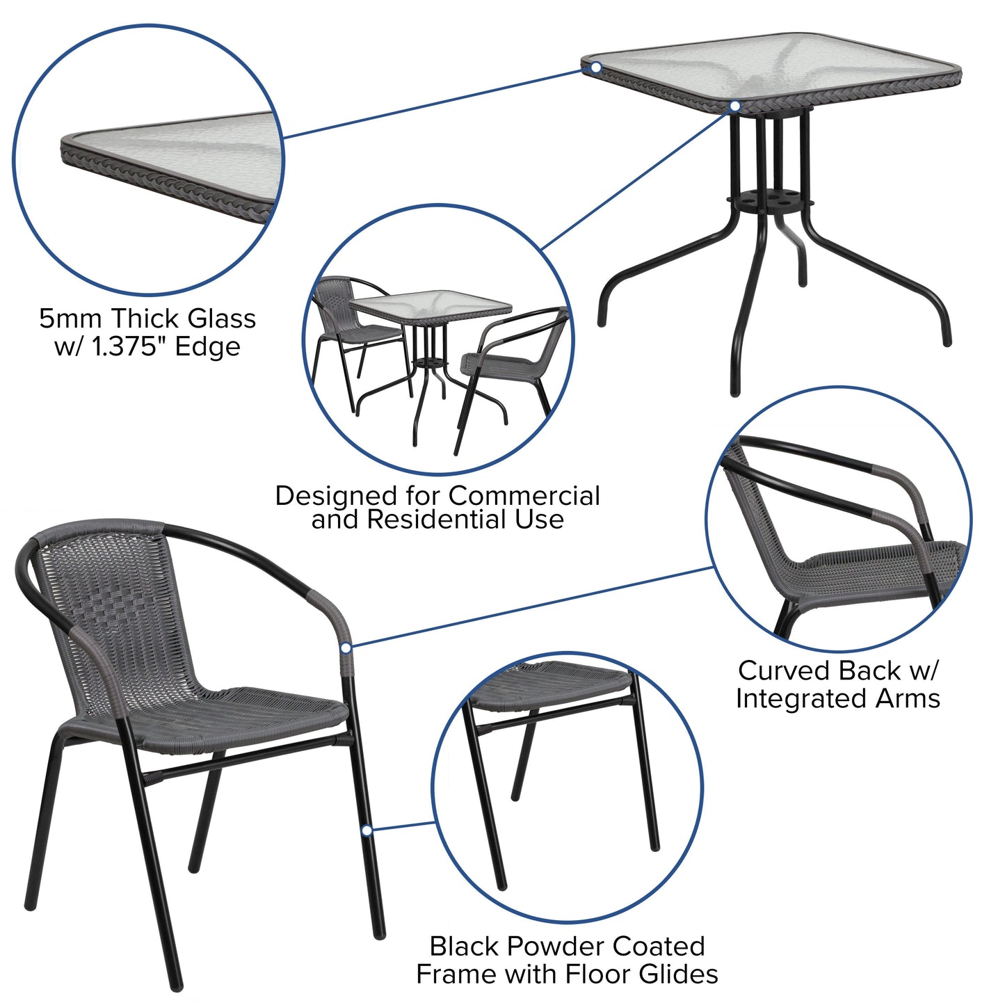 Set da pranzo da giardino in metallo/rattan da 3 pezzi con tavolo quadrato da 28 pollici - 28L x 28P x 28A