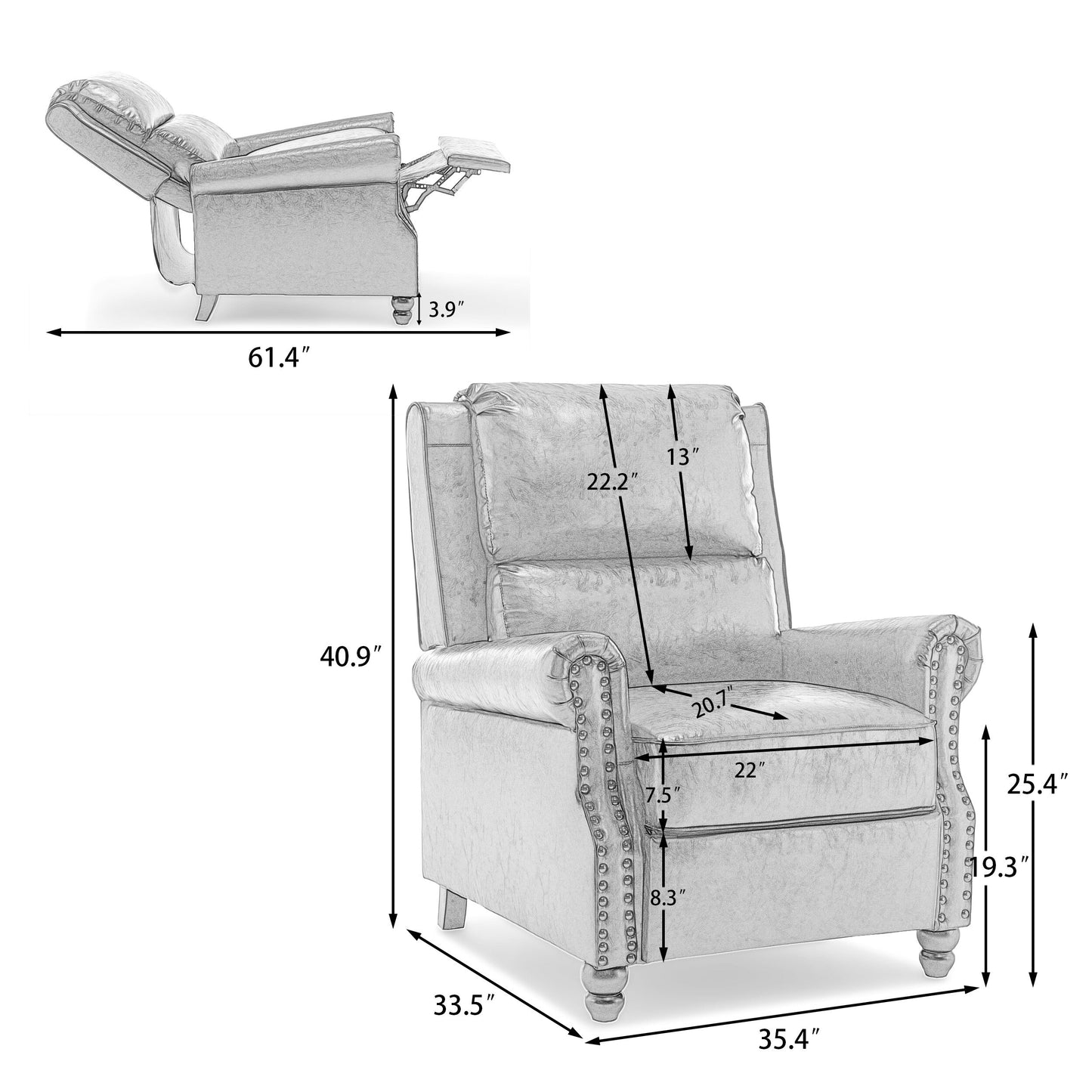Set da 2 poltrone reclinabili manuali con schienale e finiture a borchie