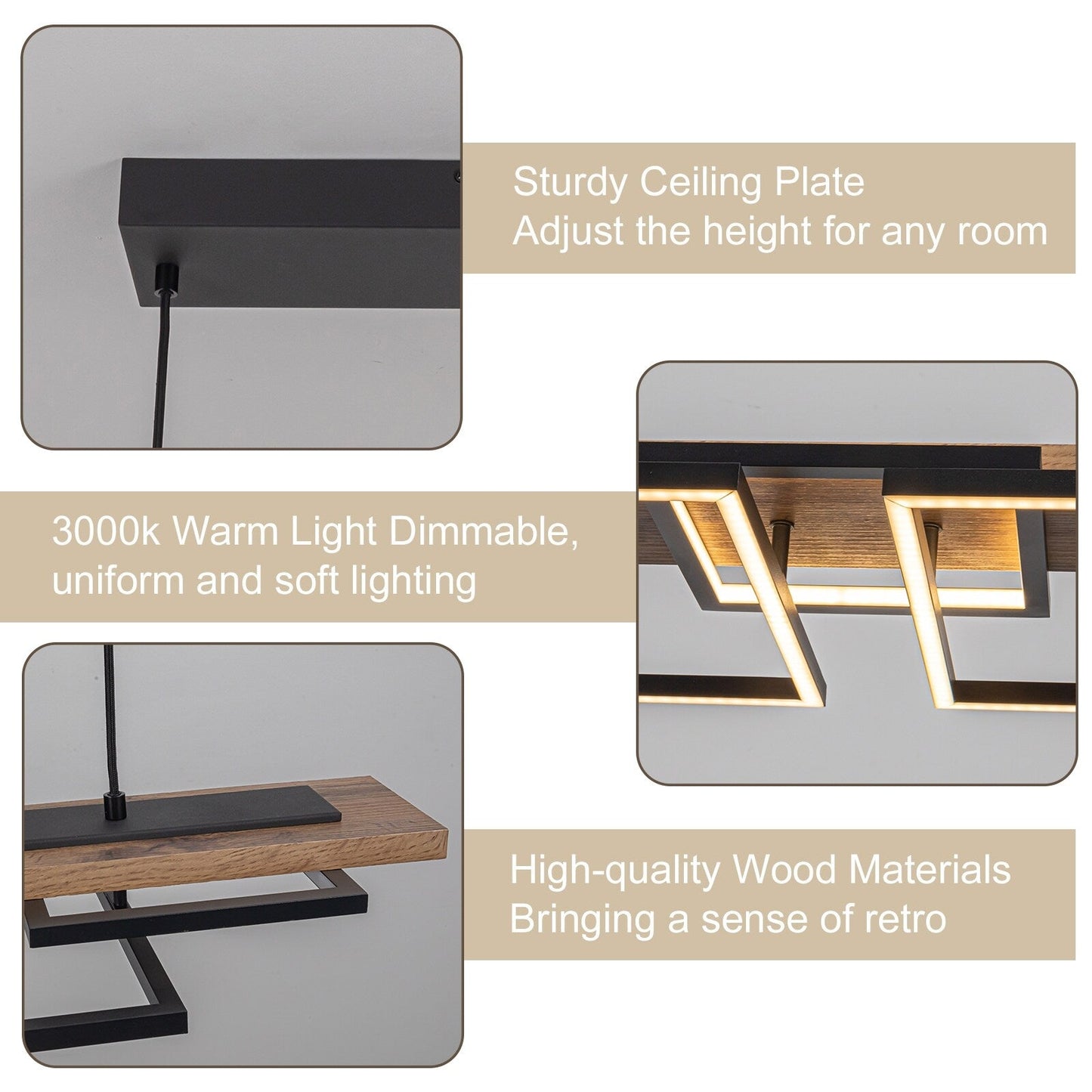 Lampadario lineare in legno a LED integrato da 3/5 luci per isola da cucina