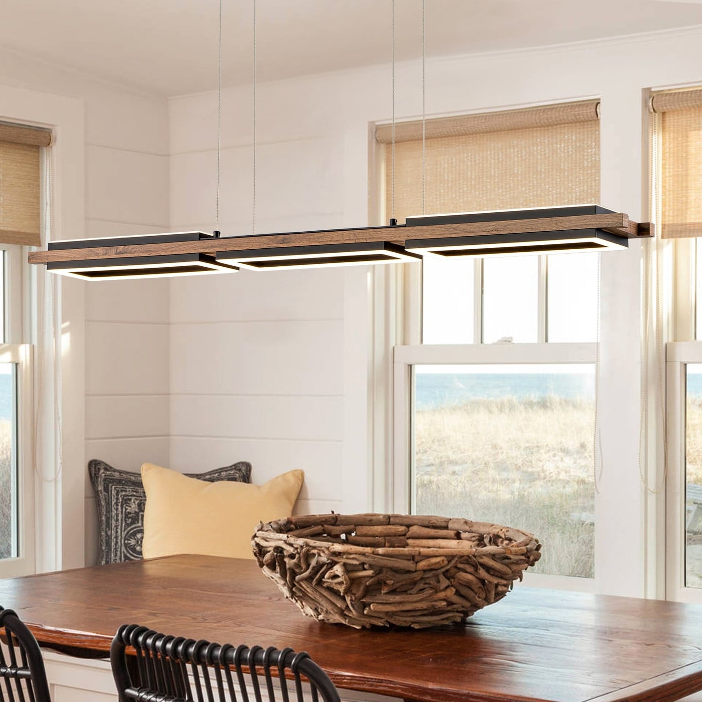 Lampadario lineare in legno a LED integrato da 3/5 luci per isola da cucina
