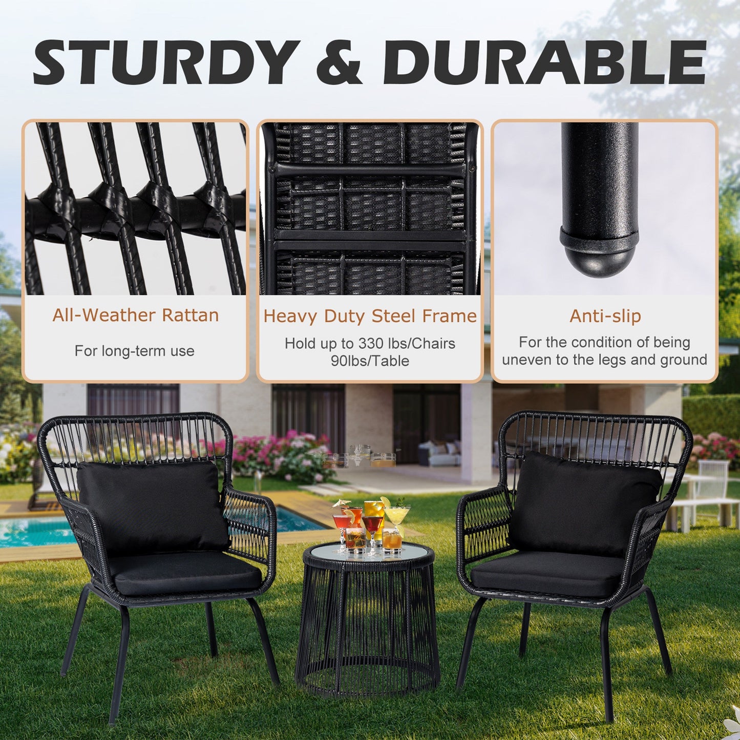 Set da bistrot da conversazione in vimini da esterno, 3 pezzi, set di sedie da giardino in rattan per tutte le stagioni con cuscini