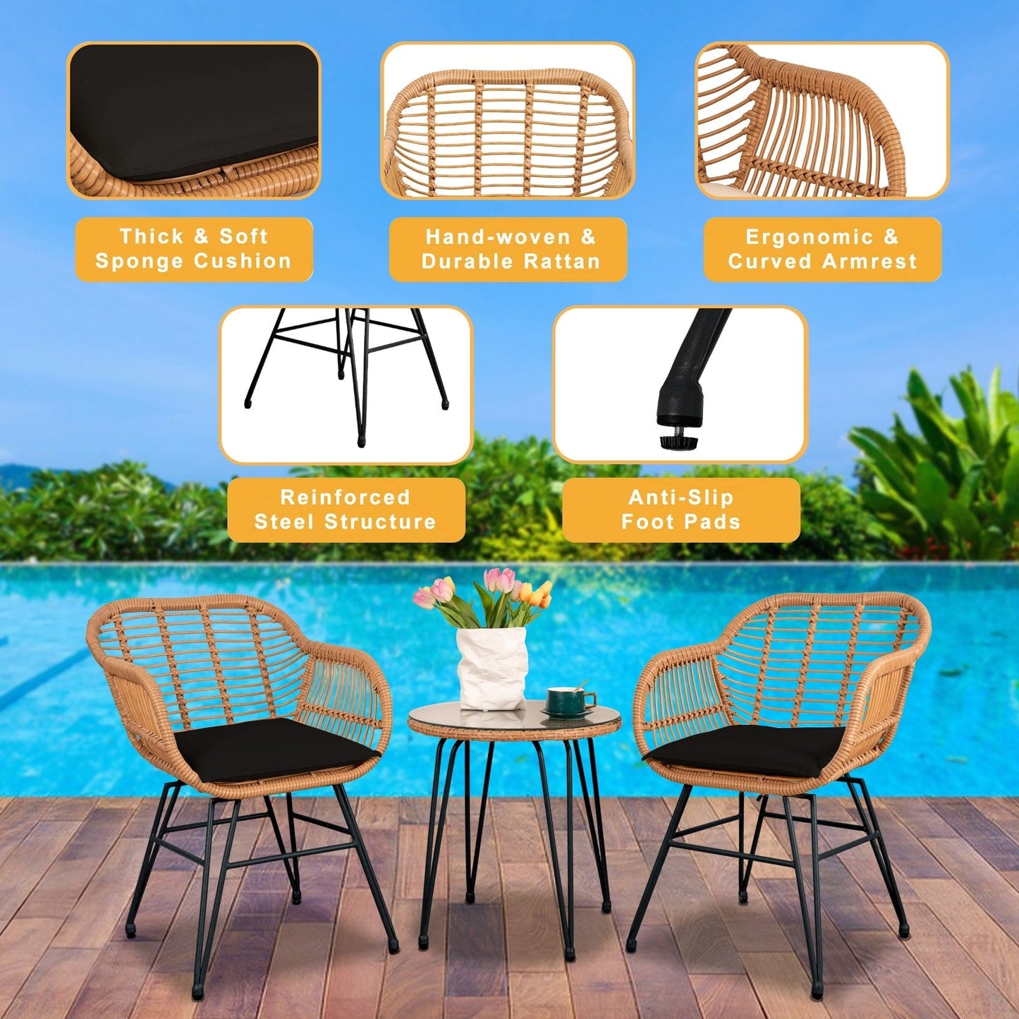 Set da 3 pezzi per mobili da esterno in vimini, da patio, da bistrot, con cuscini, per veranda, piscina, giardino - 21,2 L x 23,6 W x 31,5 H