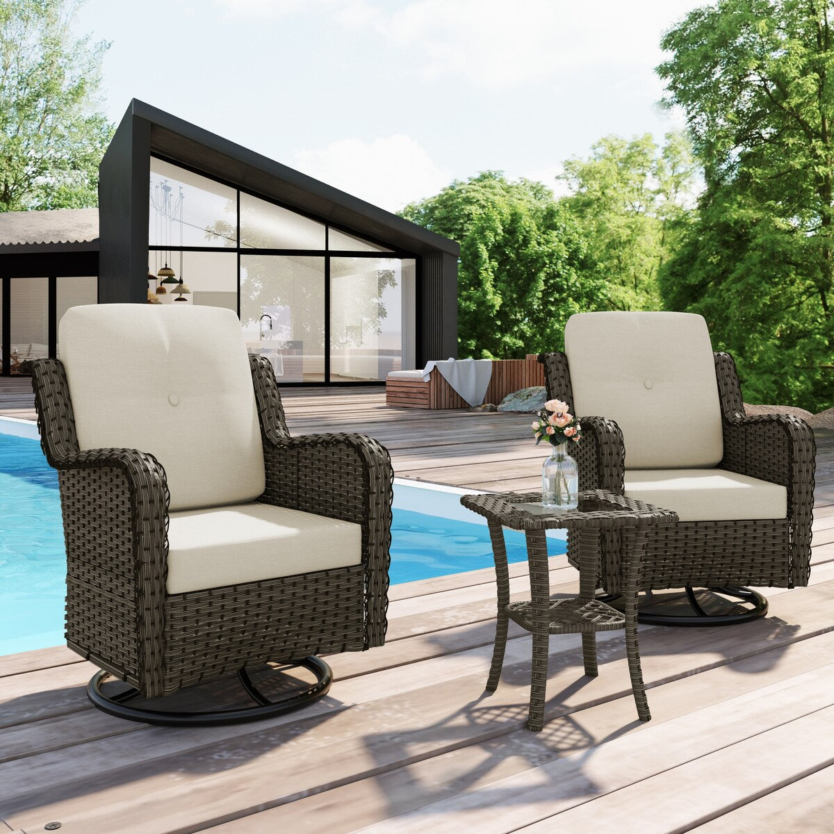 Set di 3 sedie a dondolo girevoli imbottite in rattan per patio con tavolino laterale