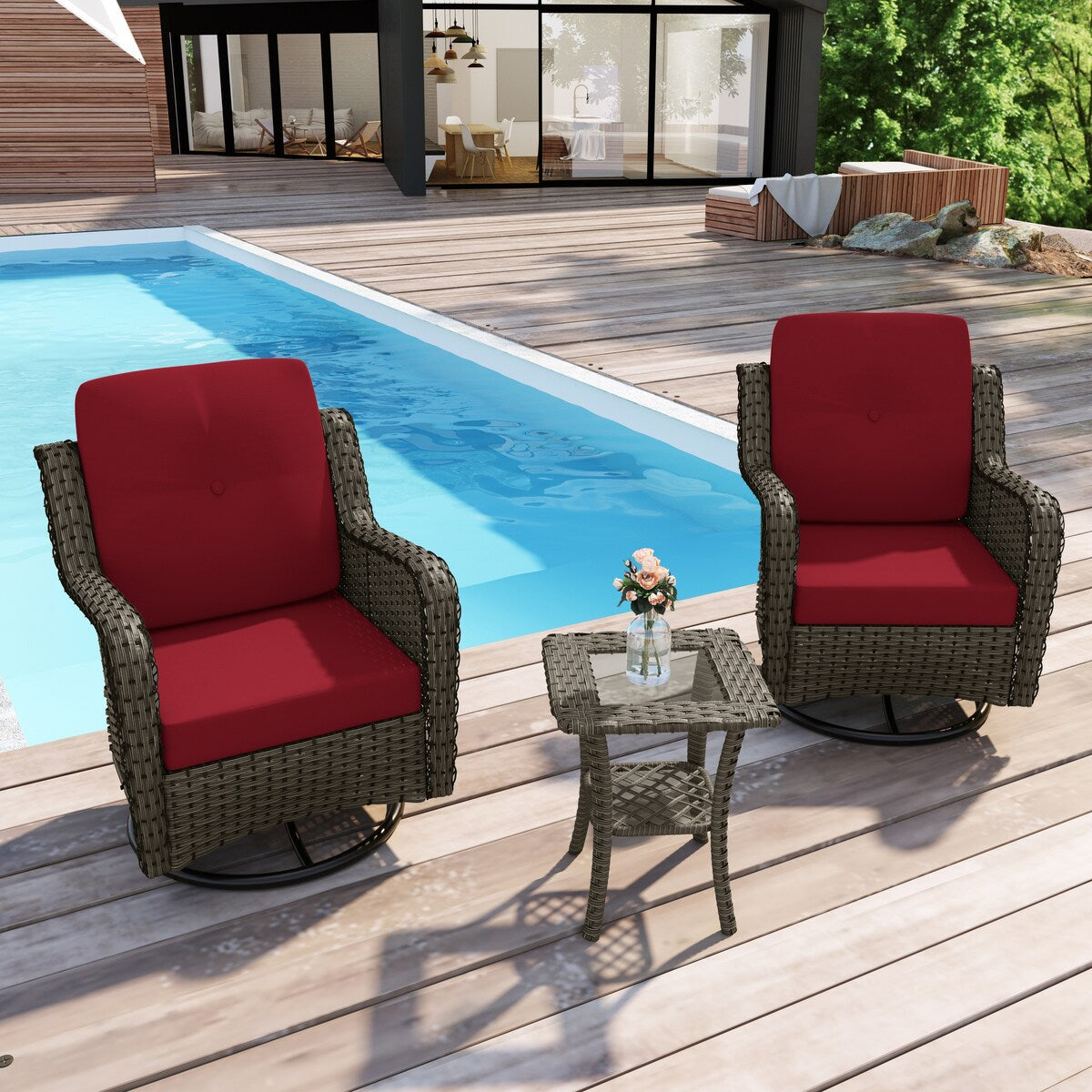 Set di 3 sedie a dondolo girevoli imbottite in rattan per patio con tavolino laterale