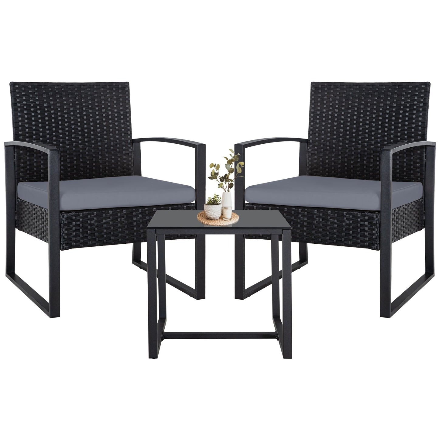 Set da conversazione per patio in vimini da 3 pezzi, sedie da esterno con cuscini