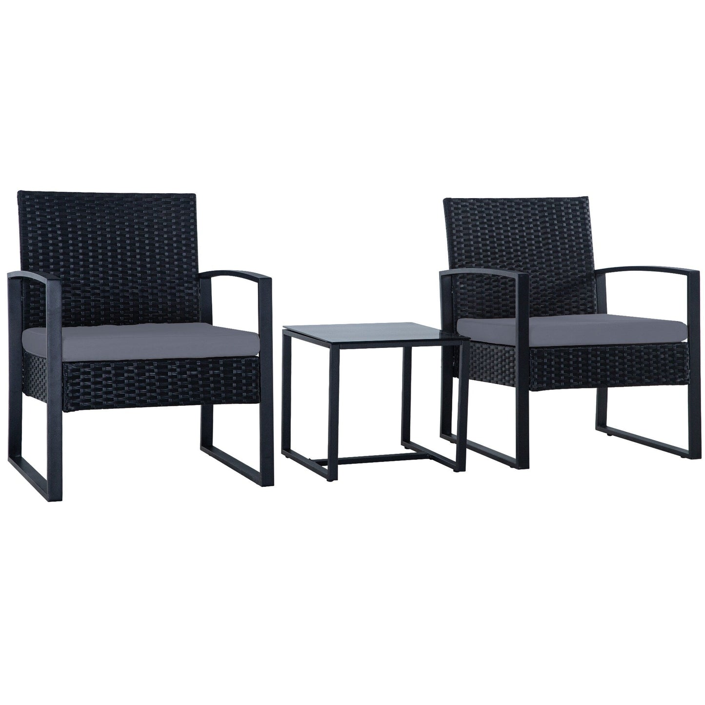 Set da conversazione per patio in vimini da 3 pezzi, sedie da esterno con cuscini