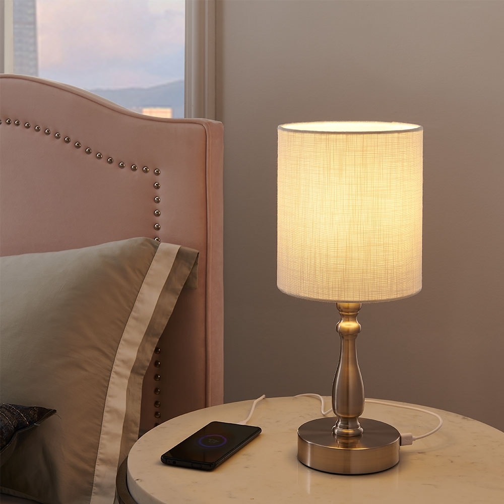 Lampada da tavolo piccola con controllo touch dimmerabile a 3 vie e 2 porte USB, acciaio spazzolato