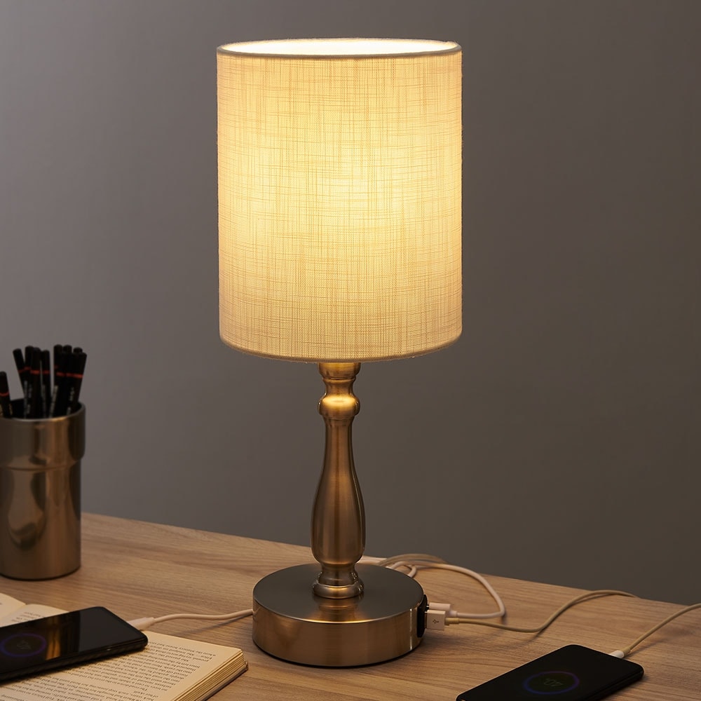 Lampada da tavolo piccola con controllo touch dimmerabile a 3 vie e 2 porte USB, acciaio spazzolato