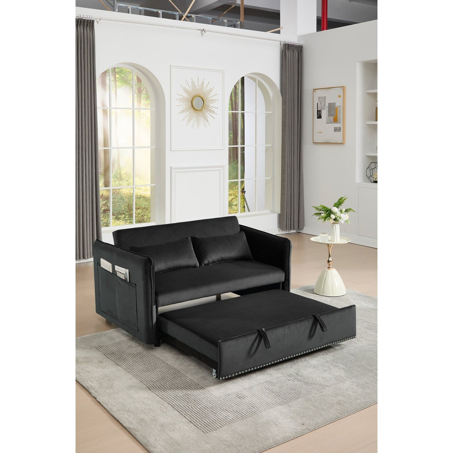 Divano letto futon trasformabile 3 in 1, 55 divani a due posti con 2 cuscini, porte USB e tasche laterali