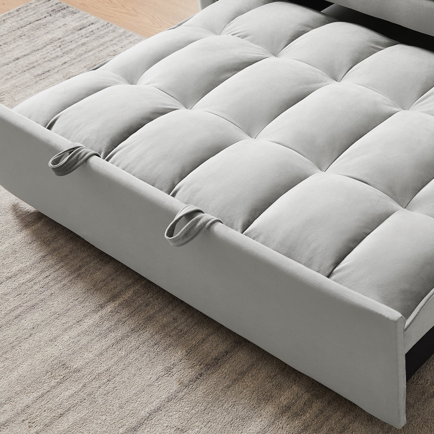 Divano letto futon 3 in 1 moderno in velluto con tasche per cuscini, grigio