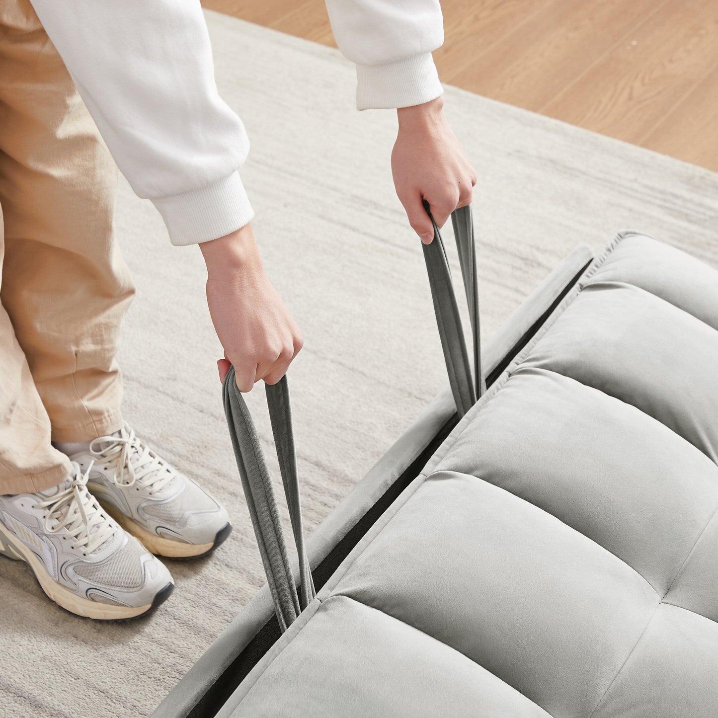 Divano letto futon 3 in 1 moderno in velluto con tasche per cuscini, grigio